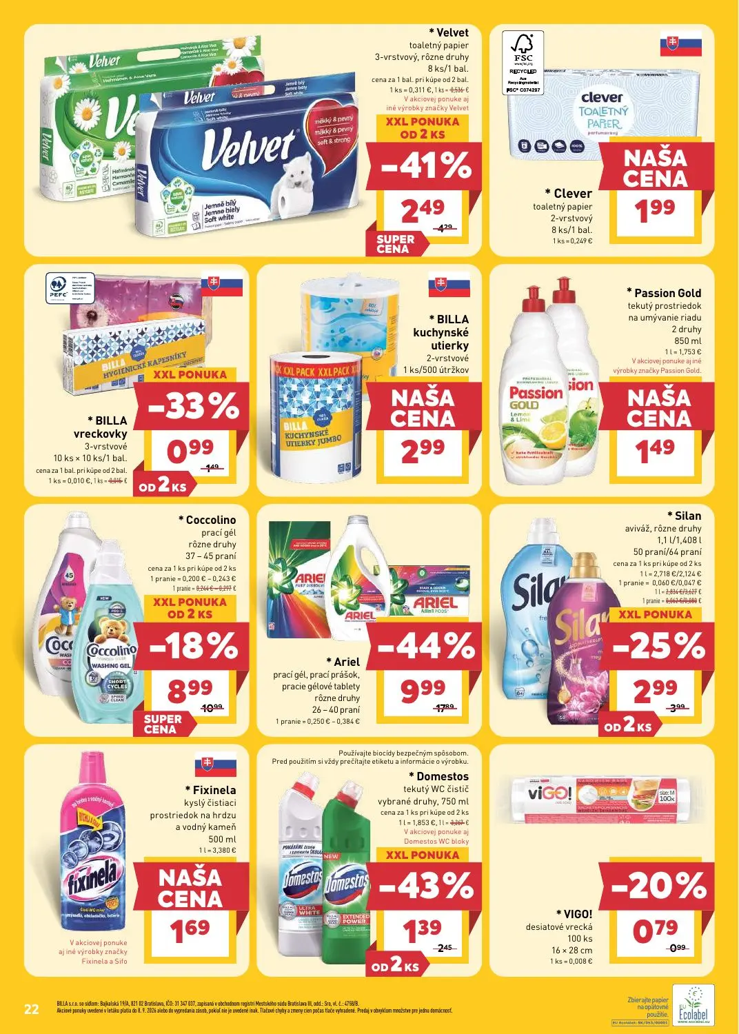 Billa leták, strana 22 z 31 — Ariel prací gél, prací prášok, pracie gélové tablety, Coccolino prací gél, Velvet toaletný pap…