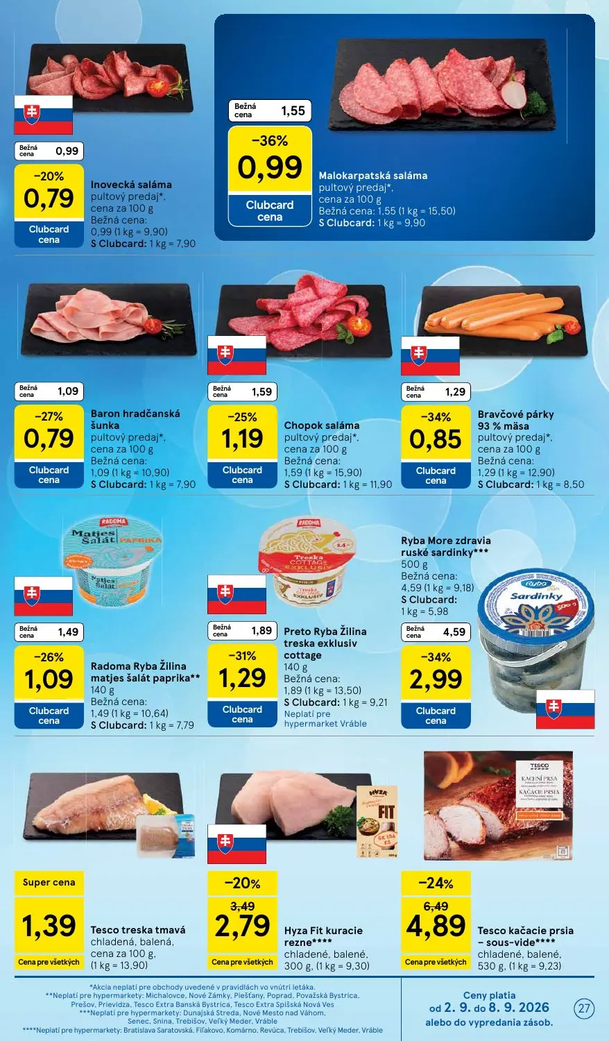 Tesco leták, strana 27 z 41 — Ryba More zdravia ruské sardinky***, Tesco kačacie prsia – sous-vide****, Hyza Fit kuracie rez…