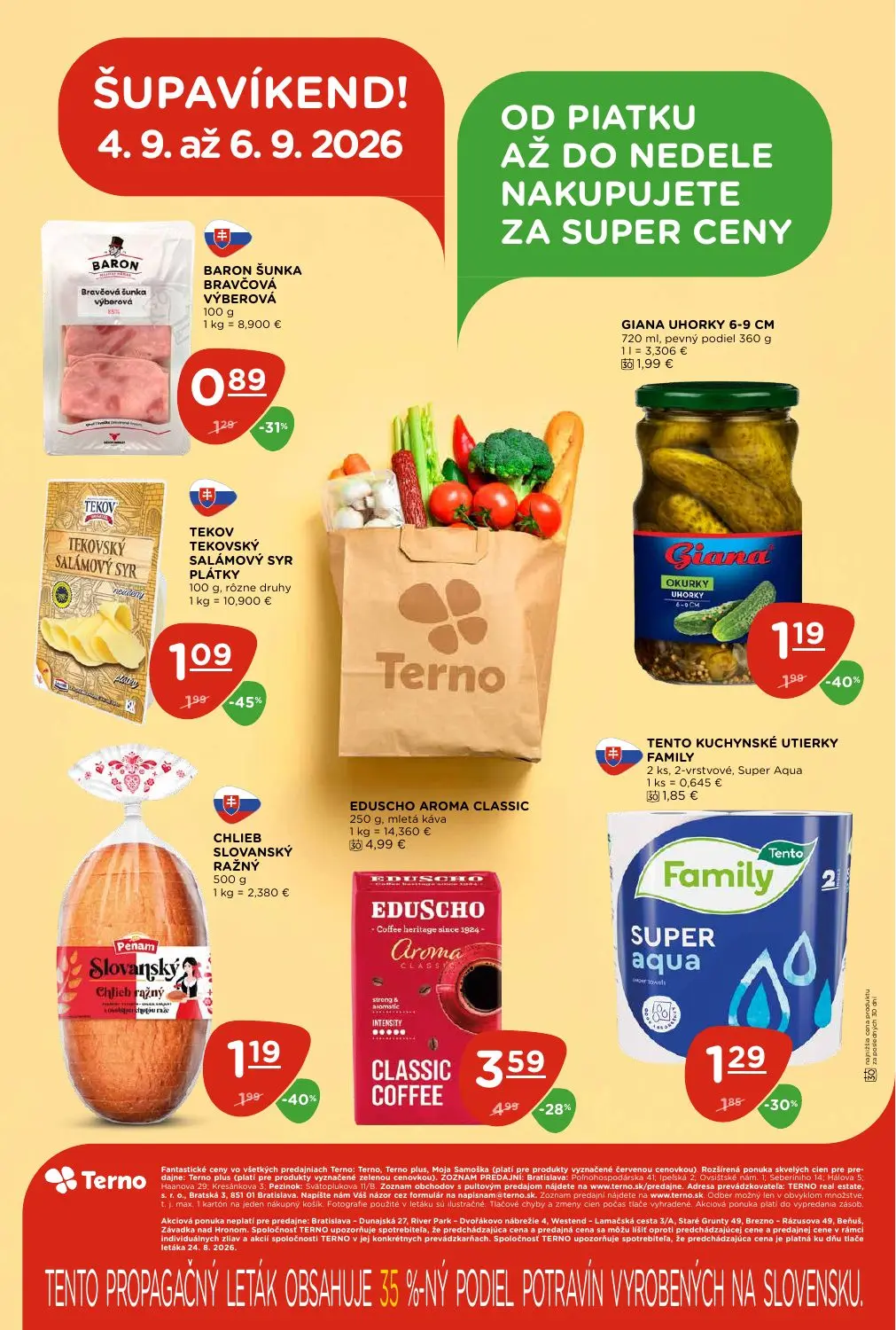Terno leták, strana 28 z 28 — EDUSCHO AROMA CLASSIC, TEKOV TEKOVSKÝ SALÁMOVÝ SYR PLÁTKY, GIANA UHORKY 6-9 CM