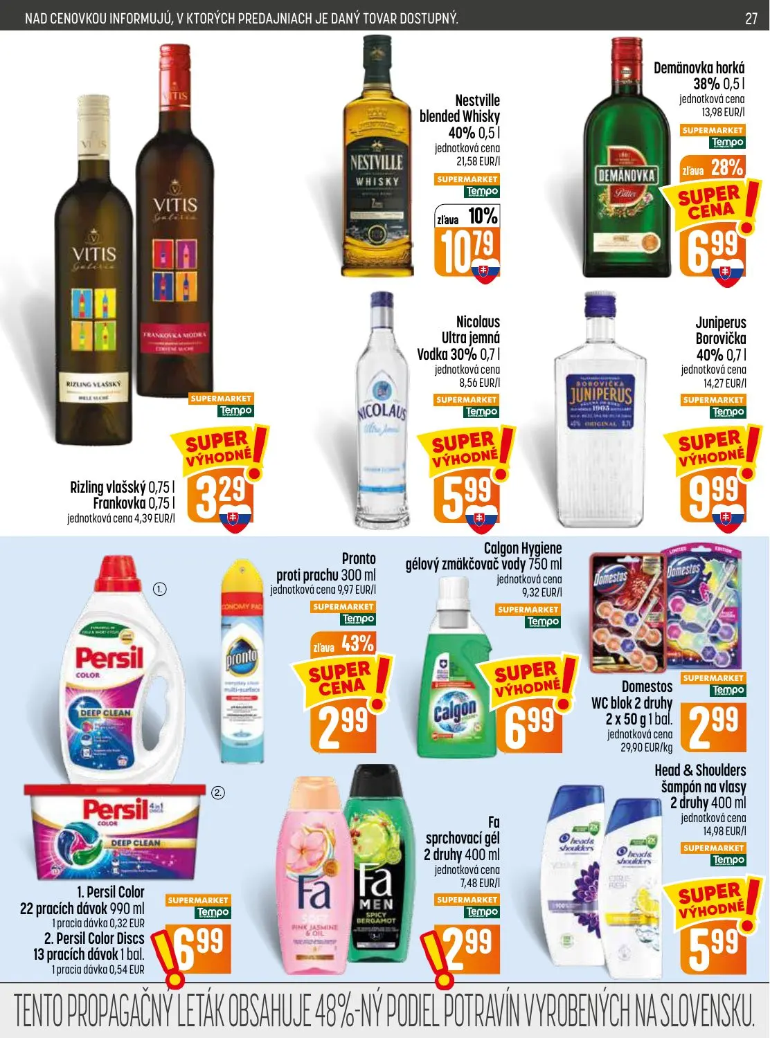 Coop Jednota leták, strana 27 z 32 — Demänovka horká, Pronto proti prachu, Nestville blended Whisky