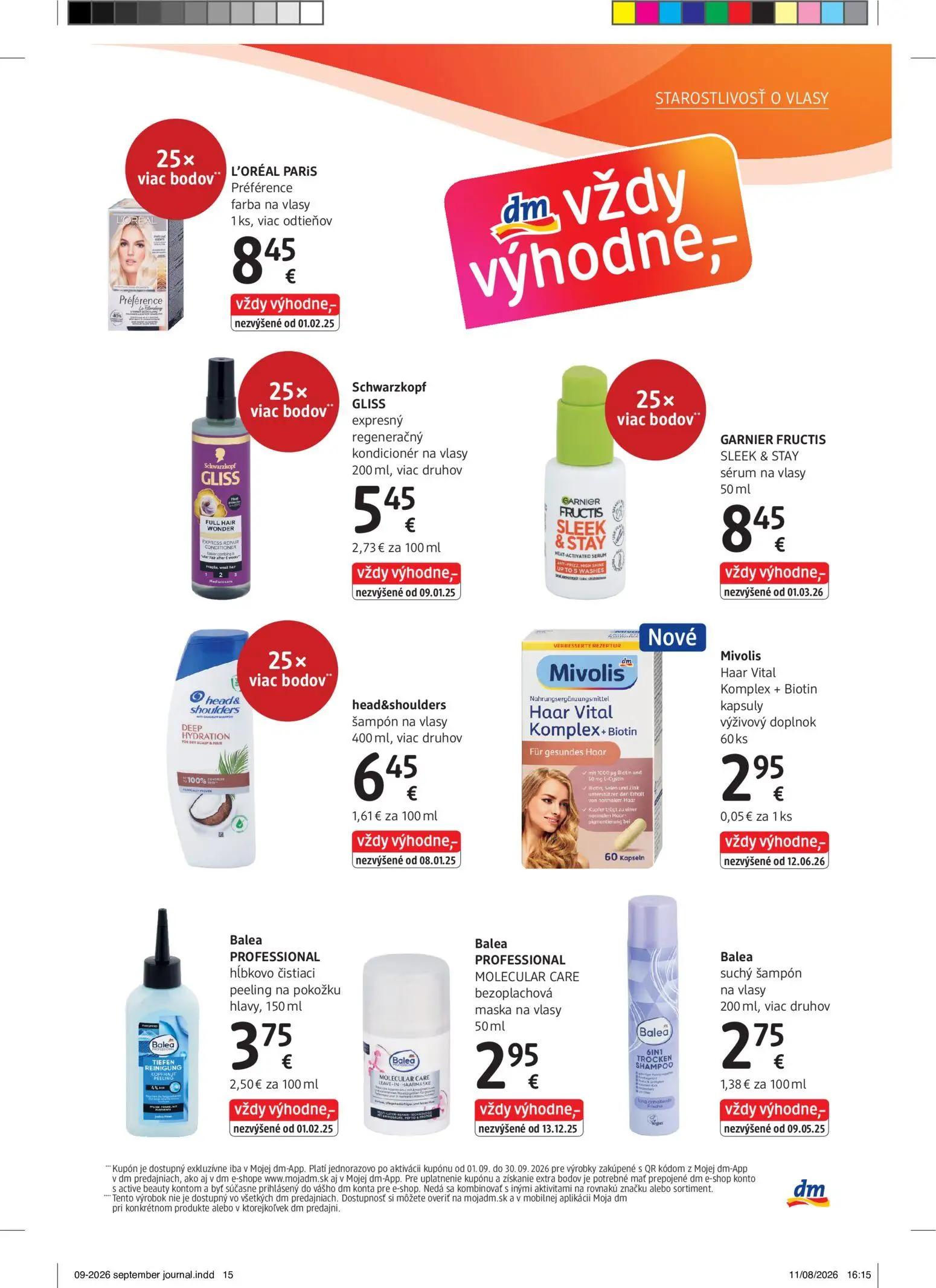 DM Drogerie leták, strana 15 z 32 — L'ORÉAL PARIS Préférence farba na vlasy, Schwarzkopf GLISS expresný regeneračný kondicio…