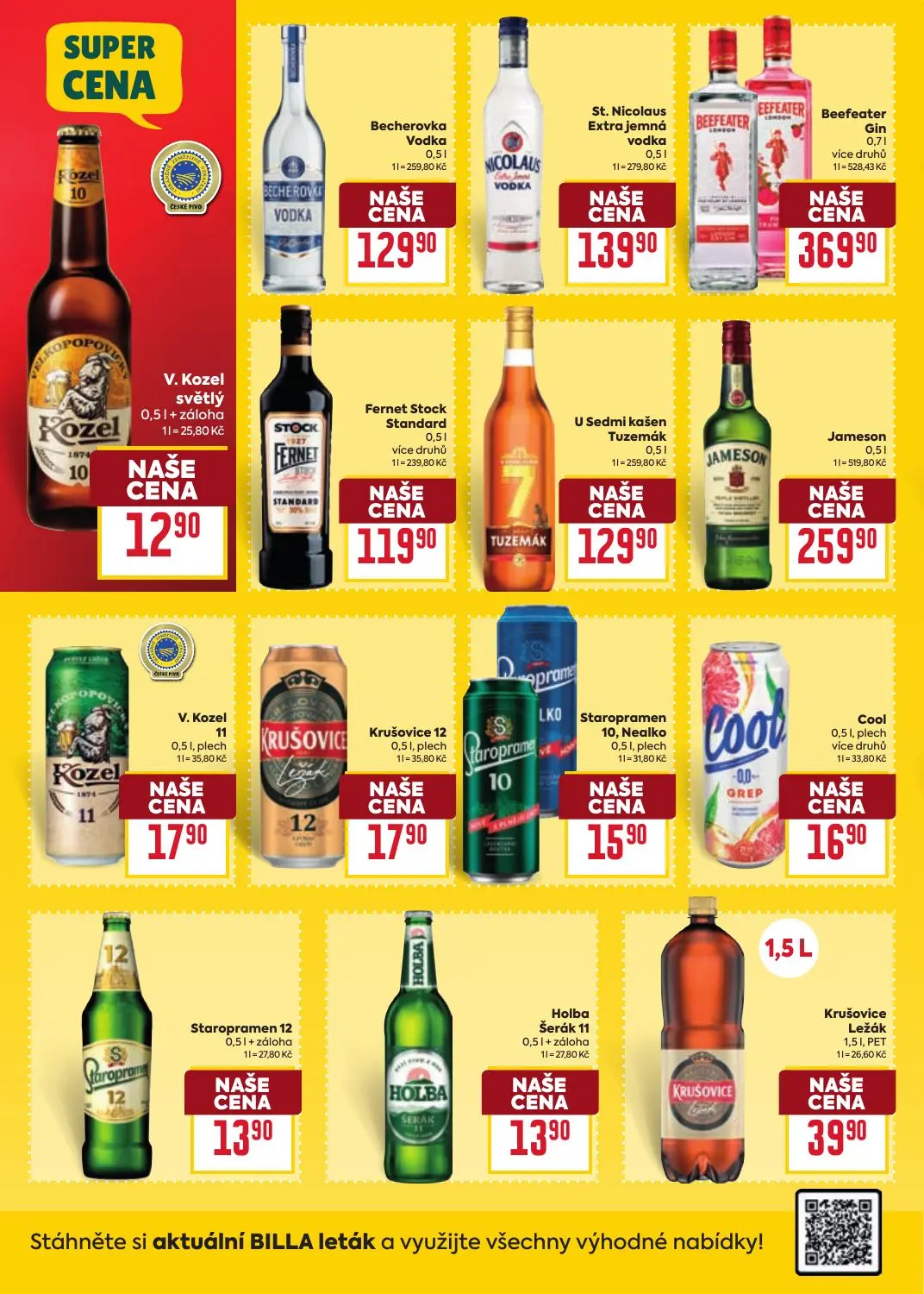 Billa leták, strana 28 z 39 — V. Kozel světlý, Becherovka Vodka, St. Nicolaus Extra jemná vodka