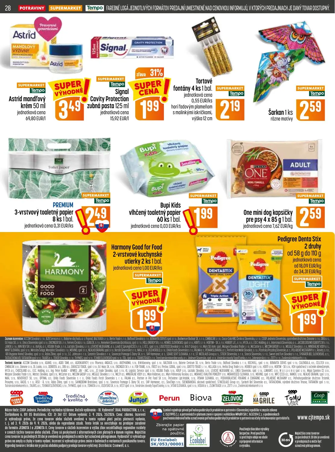 Coop Jednota leták, strana 28 z 32 — Signal Cavity Protection zubná pasta, Astrid mandľový krém, Tortové fontány