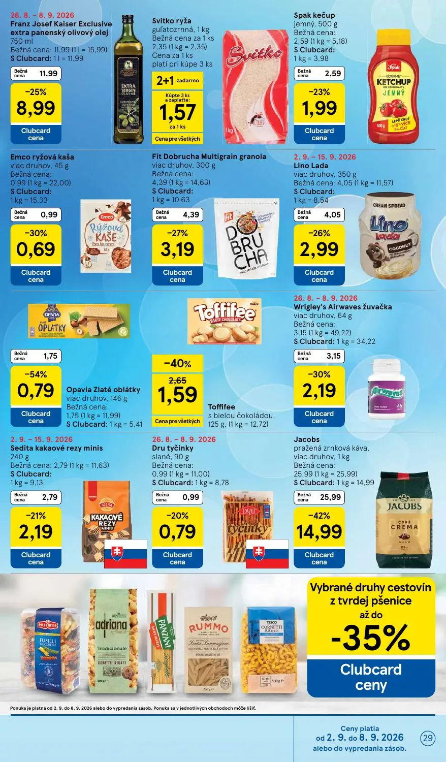 Tesco leták, strana 29 z 41 — Jacobs pražená zrnková káva, viac druhov, Fit Dobrucha Multigrain granola viac druhov, Lino La…