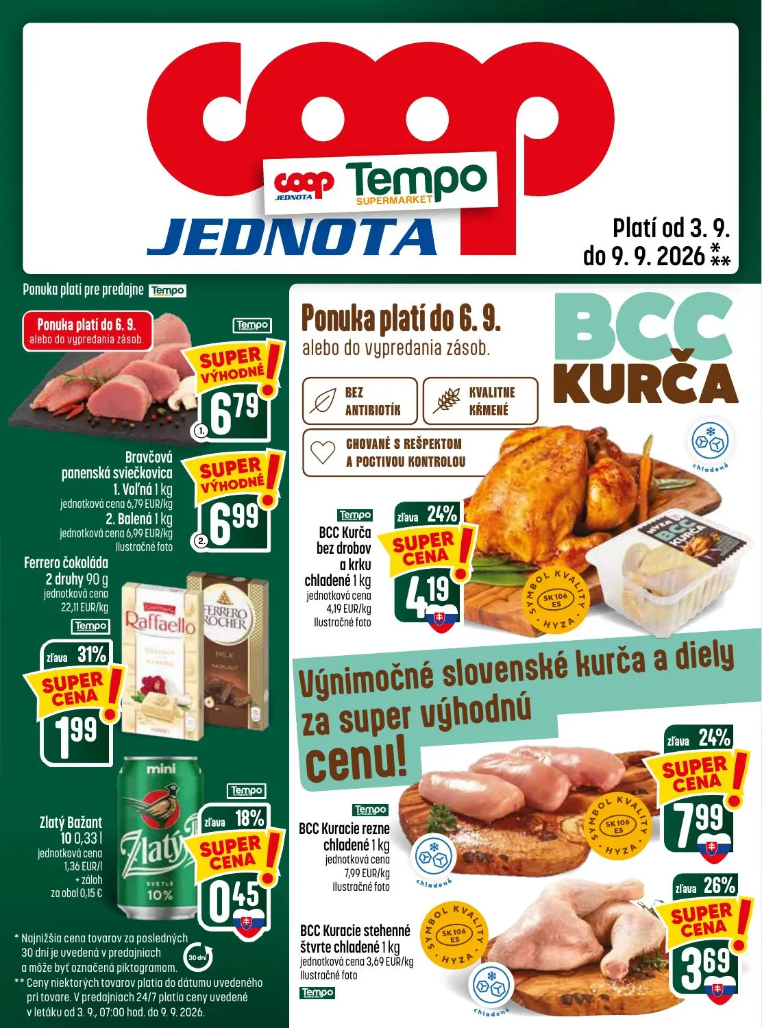 Coop Jednota leták, strana 29 z 32 — BCC Kuracie rezne chladené, BCC Kurča bez drobov a krku chladené, BCC Kuracie stehenné …