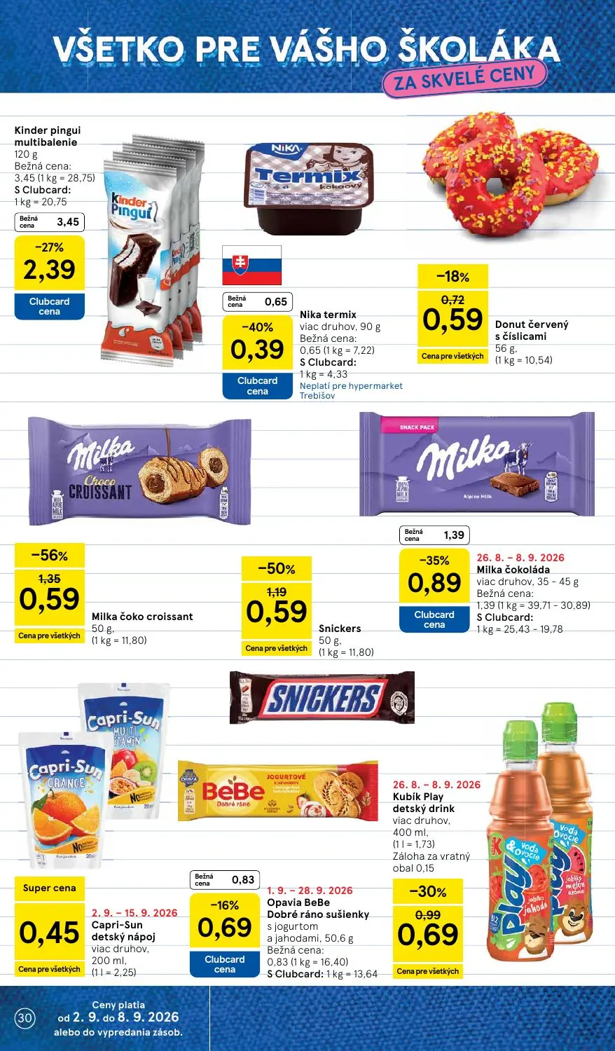 Tesco leták, strana 30 z 41 — Kinder pingui multibalenie, Milka čoko croissant, Snickers