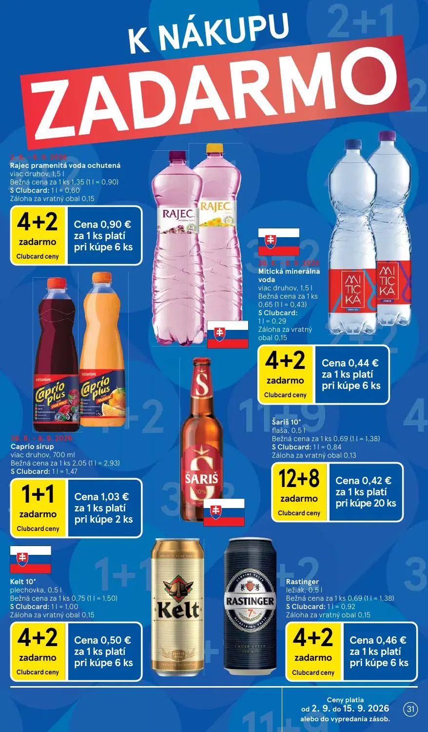 Tesco leták, strana 31 z 41 — Caprio sirup, Rajec pramenitá voda ochutená, Šariš 10°