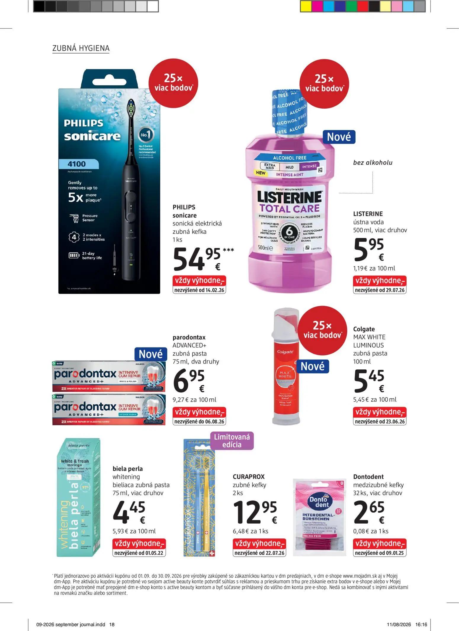DM Drogerie leták, strana 18 z 32 — PHILIPS sonicare sonická elektrická zubná kefka, LISTERINE ústna voda, parodontax ADVANC…