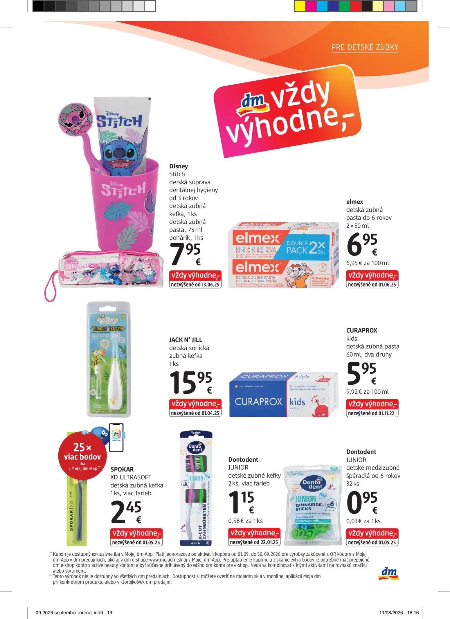 DM Drogerie leták, strana 19 z 32 — Disney Stitch detská súprava dentálnej hygieny, elmex detská zubná pasta, JACK N' JILL d…