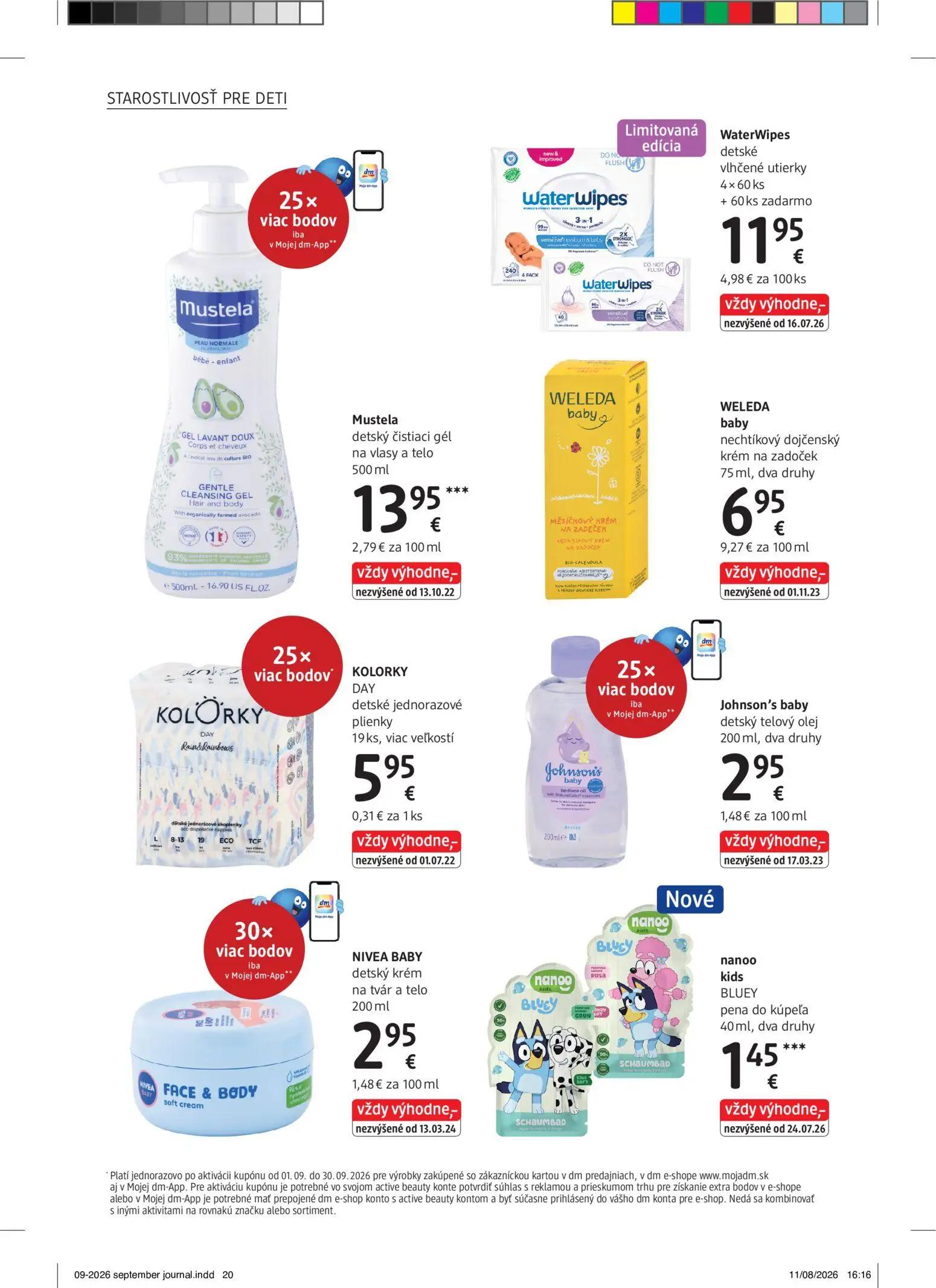 DM Drogerie leták, strana 20 z 32 — Mustela detský čistiaci gél na vlasy a telo, WaterWipes detské vlhčené utierky, WELEDA b…
