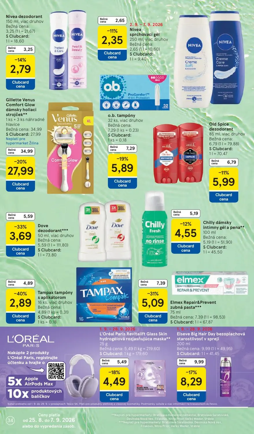 Tesco leták, strana 34 z 41 — Gillette Venus Comfort Glow dámsky holiaci strojček, Elmex Repair&Prevent zubná pasta, Tampax …