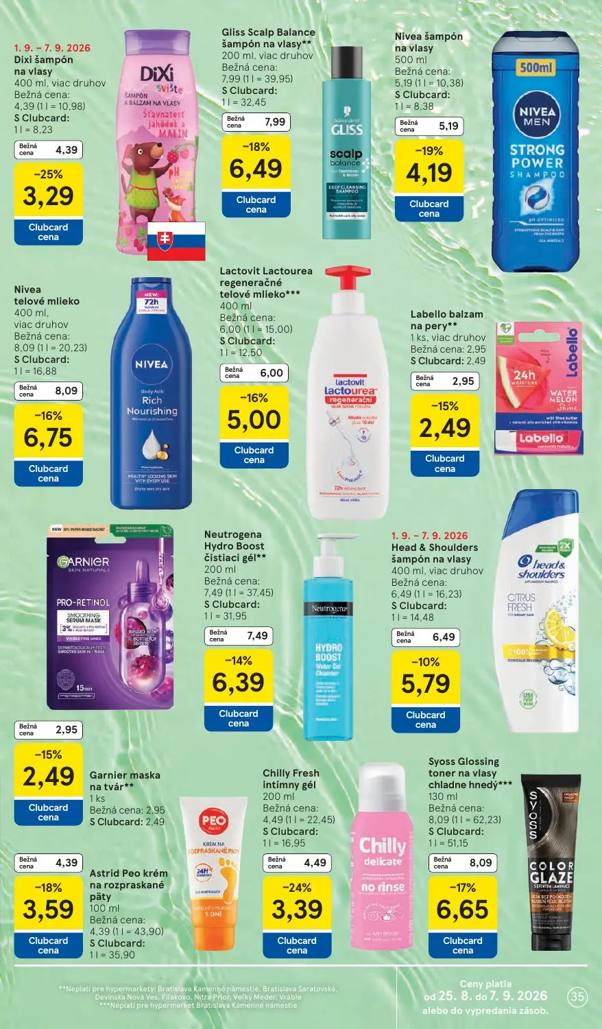 Tesco leták, strana 35 z 41 — Gliss Scalp Balance šampón na vlasy, Syoss Glossing toner na vlasy chladne hnedý, Nivea telové…