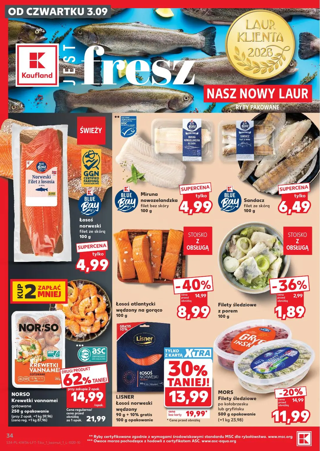Kaufland gazetka, strona 34 z 61 — NORSO Krewetki vannamei gotowane, Łosoś atlantycki wędzony na gorąco, LISNER łosoś norwes…