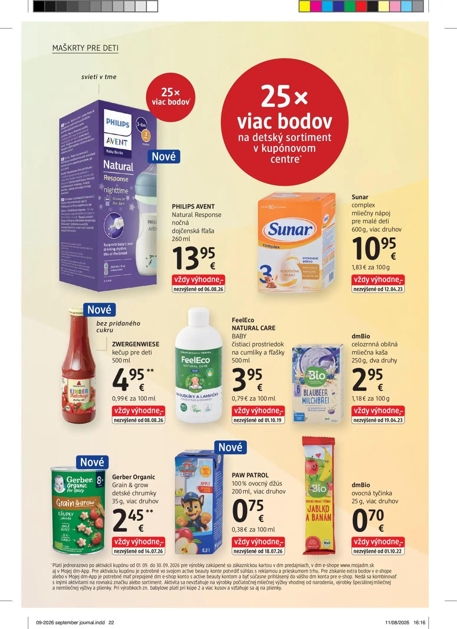 DM Drogerie leták, strana 22 z 32 — PHILIPS AVENT Natural Response nočná dojčenská fľaša, Sunar complex mliečny nápoj pre ma…
