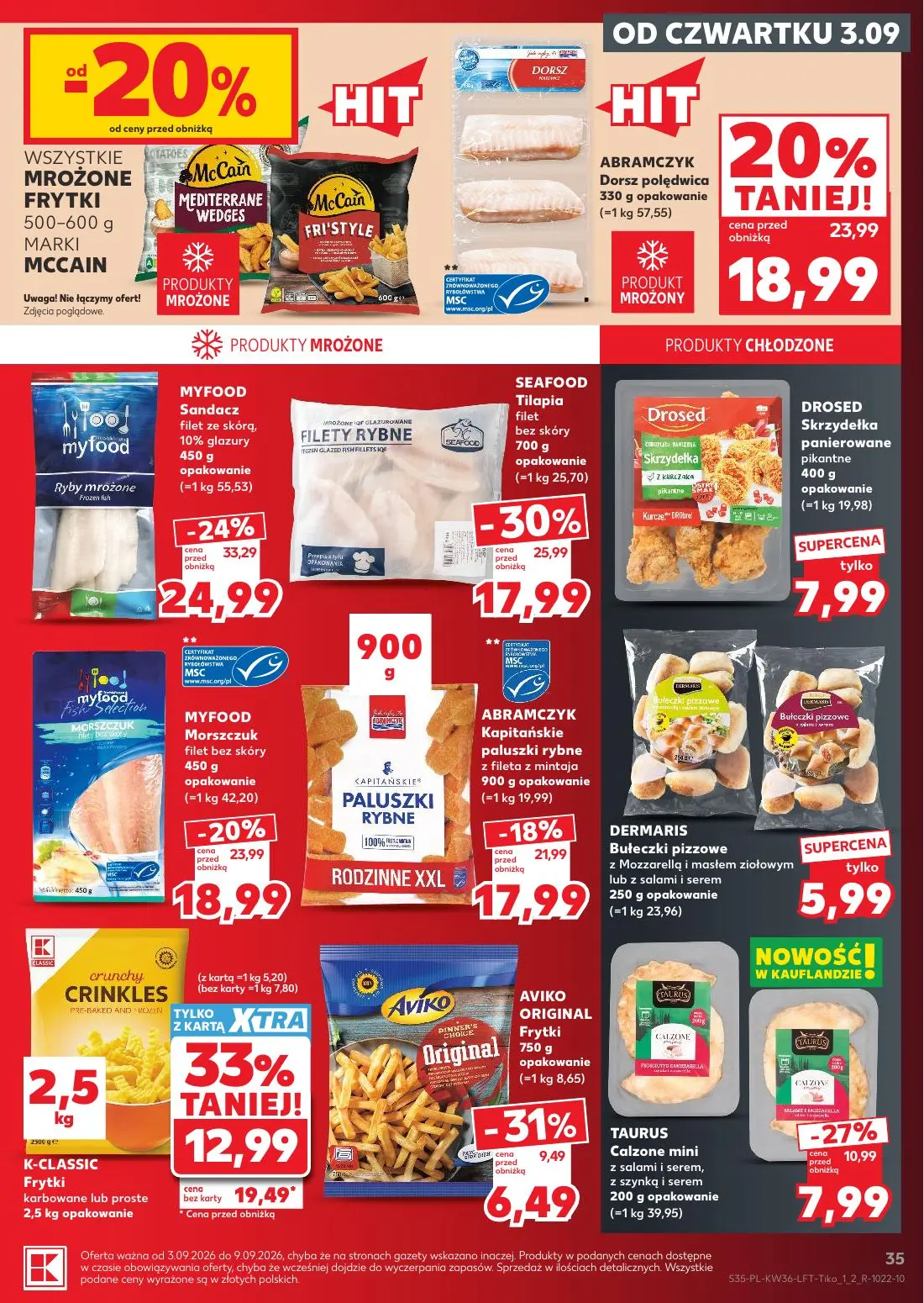 Kaufland gazetka, strona 35 z 61 — MYFOOD Sandacz filet ze skórą, 10% glazury, SEAFOOD Tilapia filet bez skóry, Dorsz polędw…
