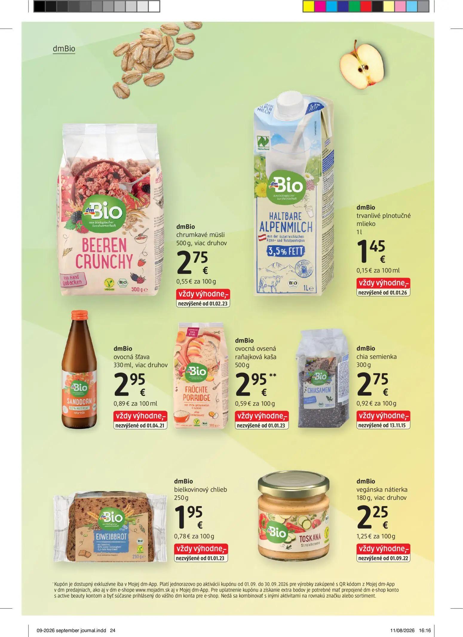 DM Drogerie leták, strana 24 z 32 — chrumkavé müsli, trvanlivé plnotučné mlieko, ovocná šťava