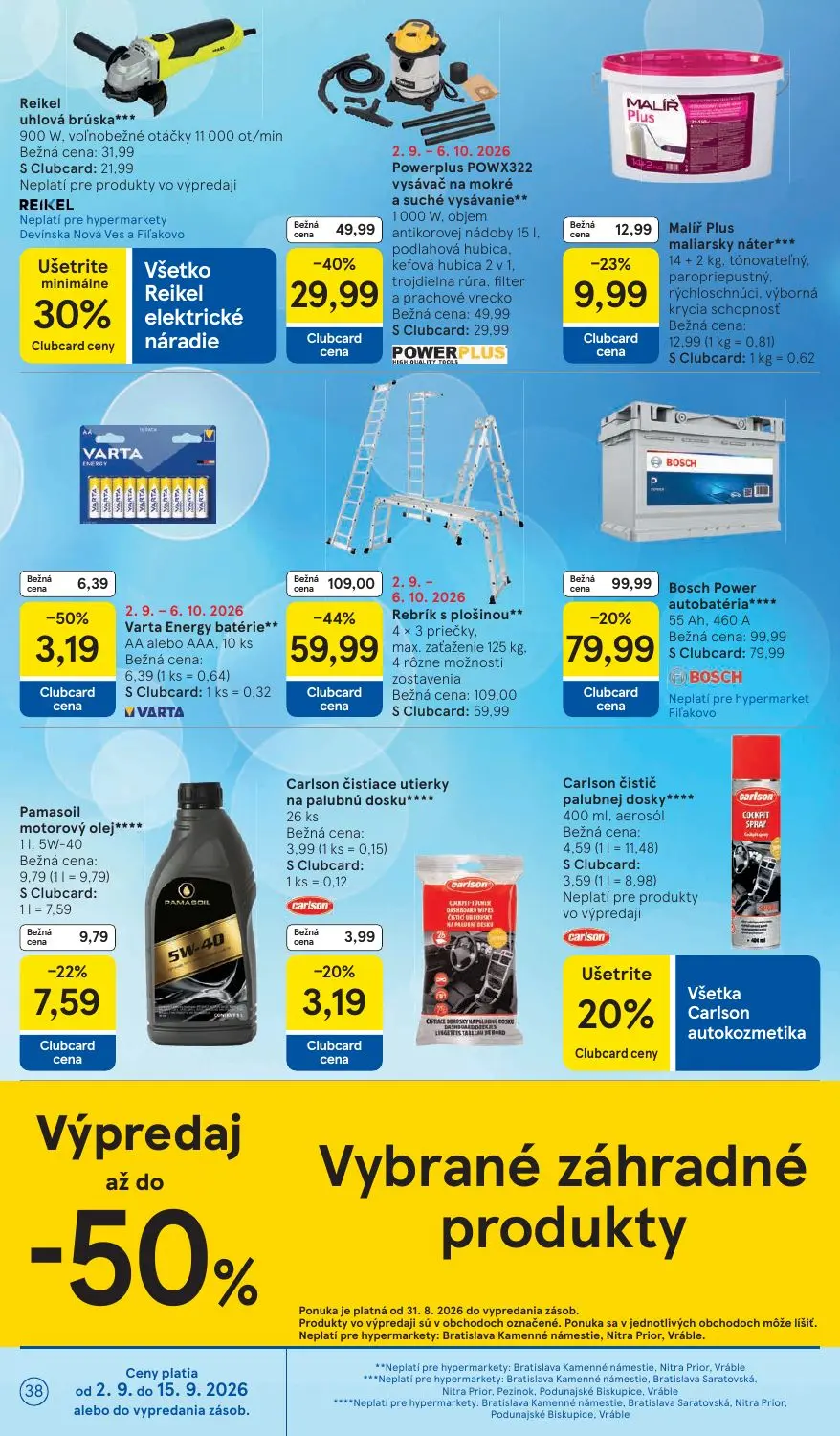 Tesco leták, strana 38 z 41 — Rebrík s plošinou, Powerplus POWX322 vysávač na mokré a suché vysávanie, Bosch Power autobatér…