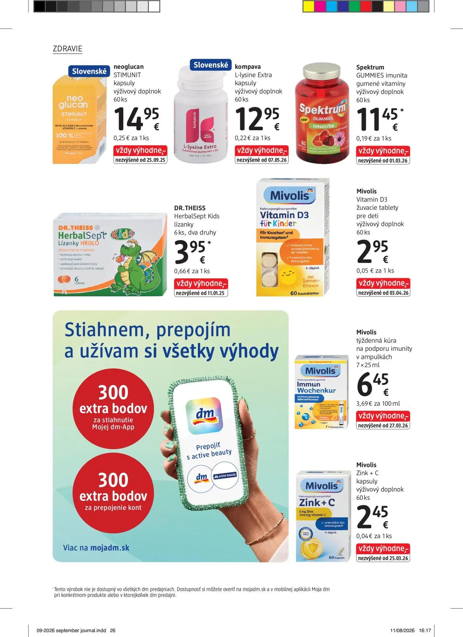 DM Drogerie leták, strana 26 z 32 — neoglucan STIMUNIT kapsuly výživový doplnok, kompava L-lysine Extra kapsuly výživový dop…