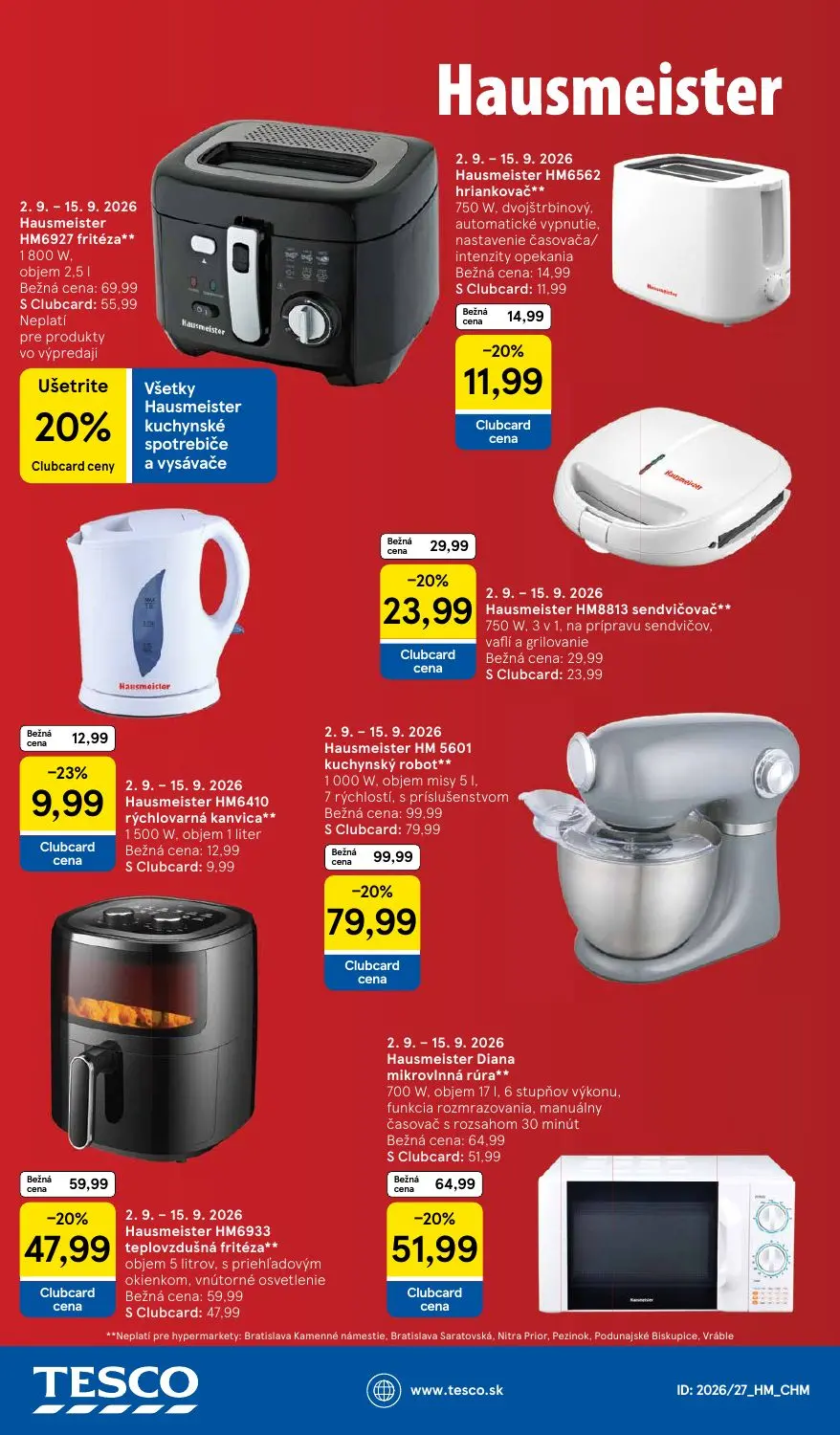 Tesco leták, strana 41 z 41 — Hausmeister HM 5601 kuchynský robot, Hausmeister HM6927 fritéza, Hausmeister Diana mikrovlnná …