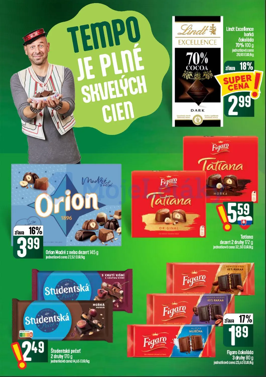 Coop Tempo leták, strana 40 z 60 — Orion Modré z neba dezert, Lindt Excellence horká čokoláda 70%, Figaro čokoláda