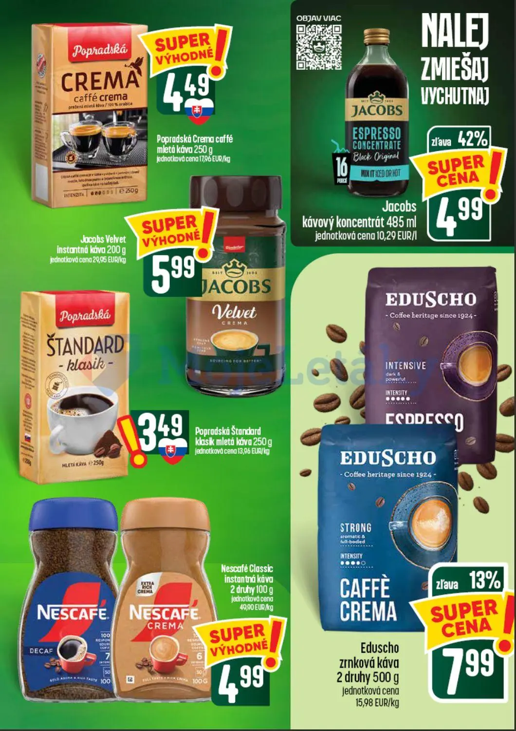 Coop Tempo leták, strana 45 z 60 — Jacobs kávový koncentrát, Eduscho zrnková káva, Popradská Crema caffé mletá káva