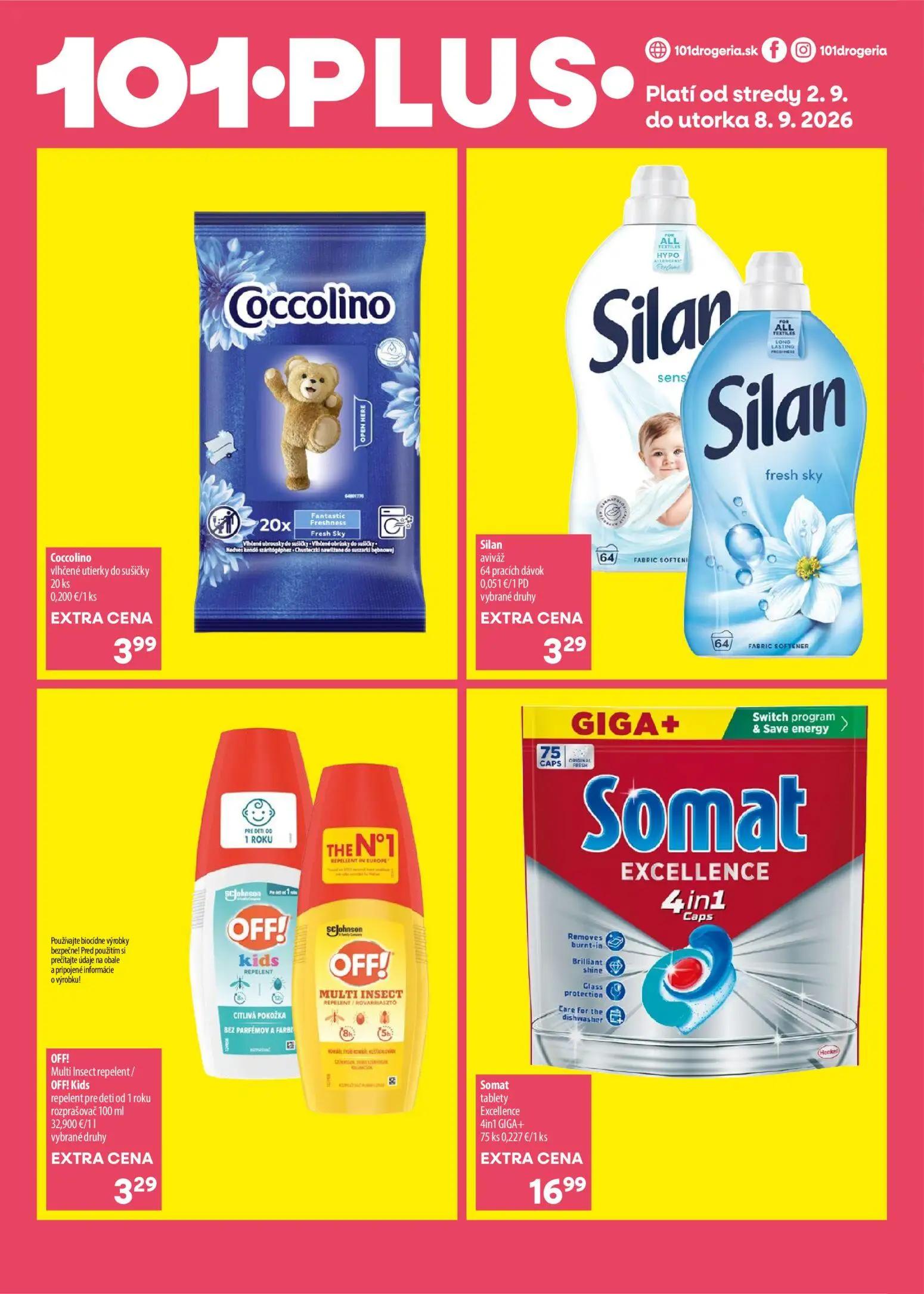 101 Drogerie leták, strana 4 z 5 — Coccolino vlhčené utierky do sušičky, Silan aviváž, OFF! Multi Insect repelent/OFF! Kids …