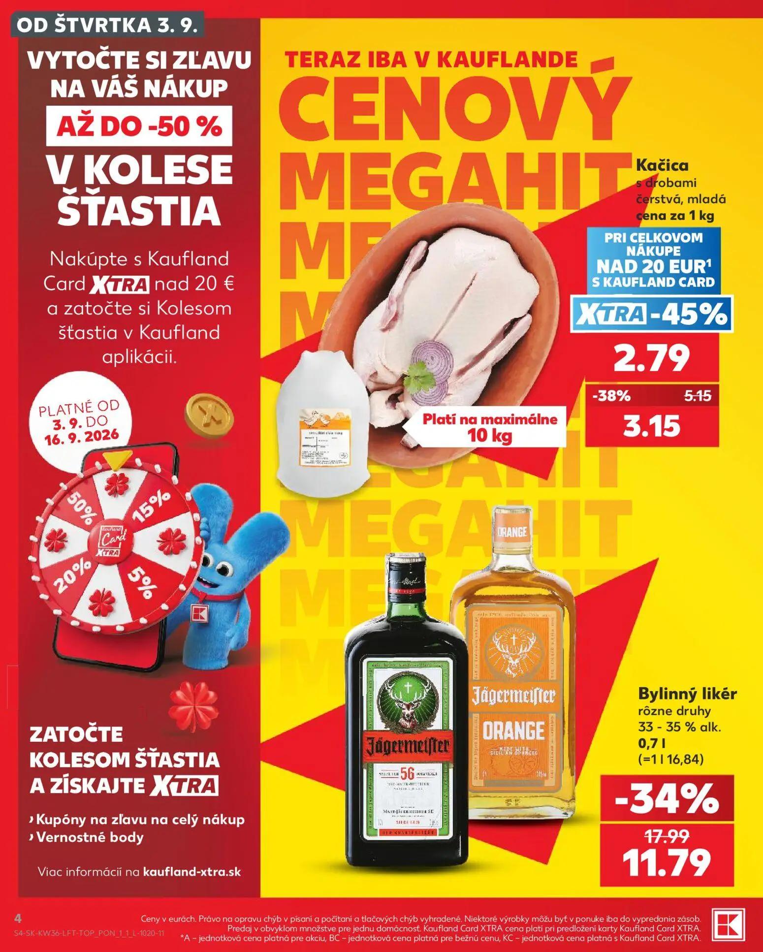 Kaufland leták, strana 4 z 80 — Bylinný likér rôzne druhy Jägermeister Orange, Kačica s drobami čerstvá, mladá