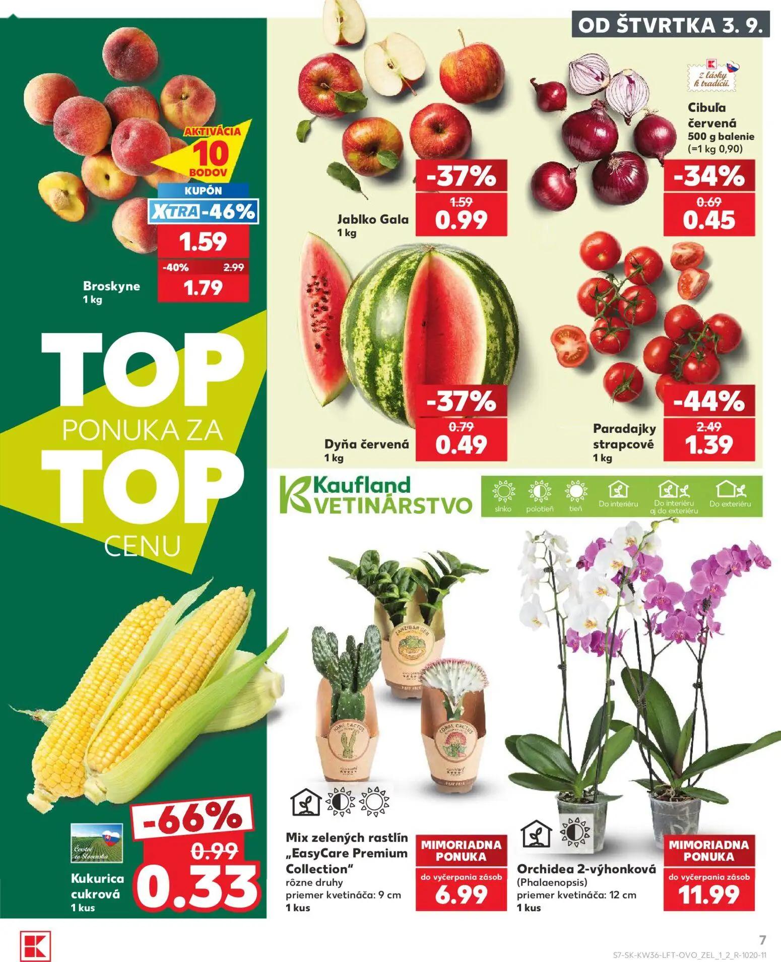 Kaufland leták, strana 7 z 80 — Broskyne, Paradajky strapcové, Kukurica cukrová