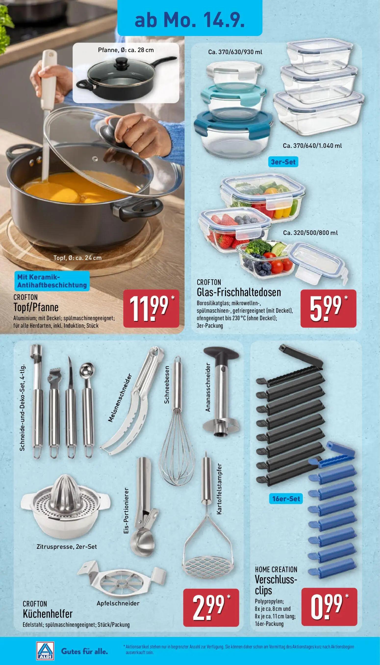 Aldi Nord Prospekt, Seite 10 von 17 — Topf/Pfanne Aluminium; mit Deckel; spülmaschinengeeignet; für alle Herdarten, inkl. In…