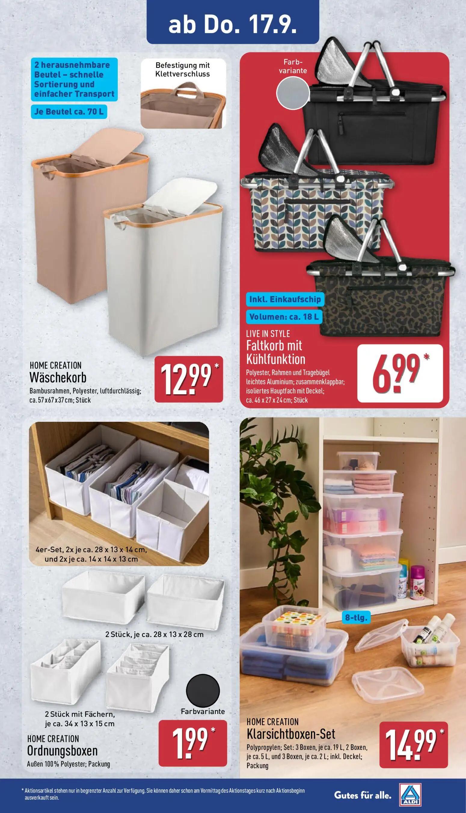 Aldi Nord Prospekt, Seite 11 von 17 — HOME CREATION Wäschekorb, LIVE IN STYLE Faltkorb mit Kühlfunktion, HOME CREATION Ordnu…