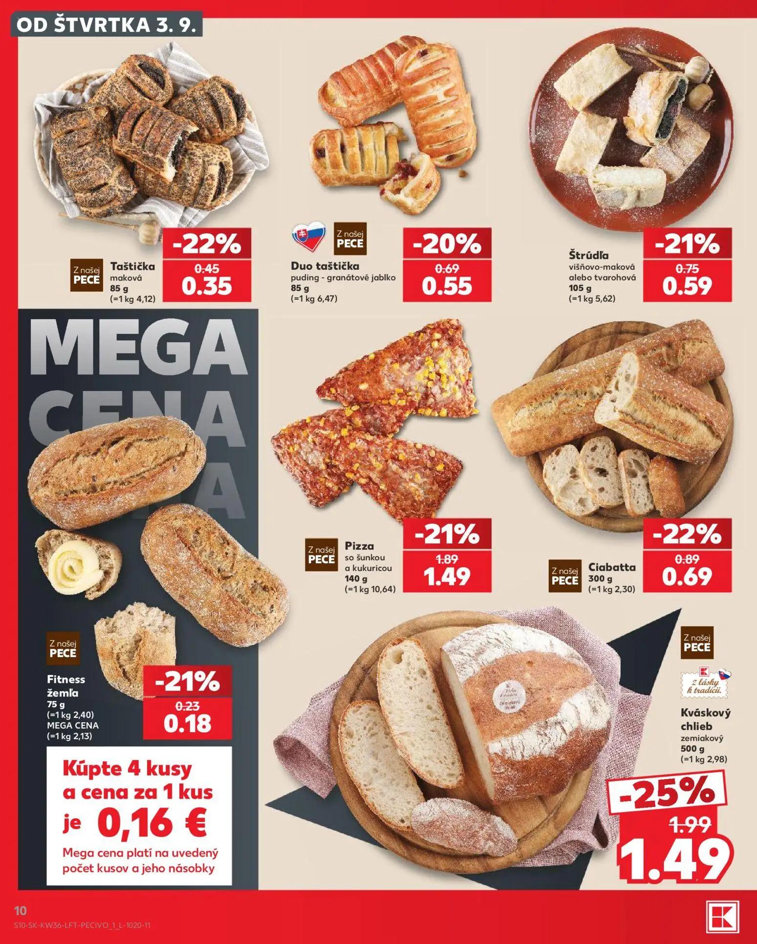 Kaufland leták, strana 10 z 80 — Kváskový chlieb zemiakový, Pizza so šunkou a kukuricou, Ciabatta