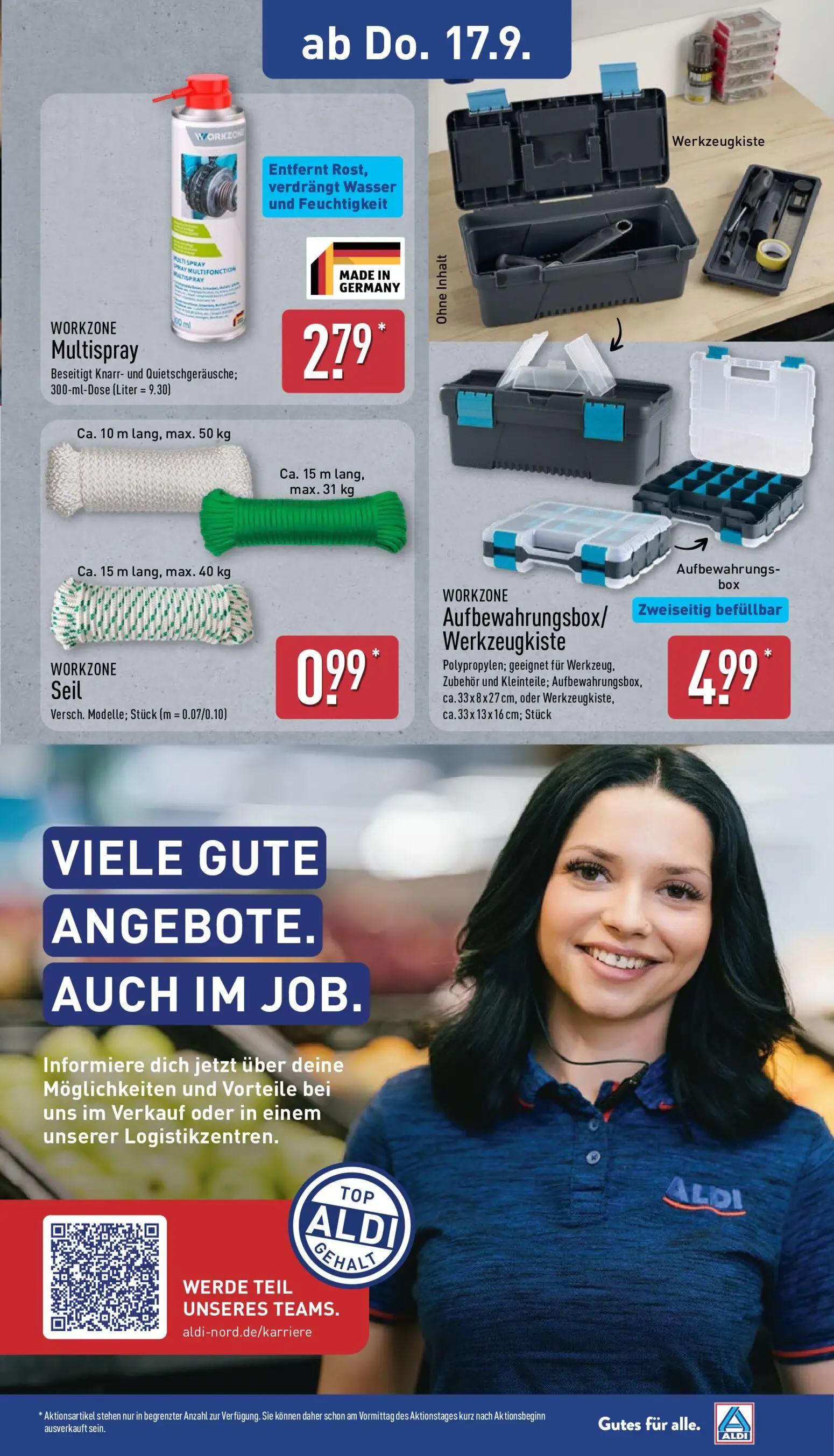 Aldi Nord Prospekt, Seite 15 von 17 — WORKZONE Multispray, WORKZONE Seil, WORKZONE Aufbewahrungsbox/ Werkzeugkiste