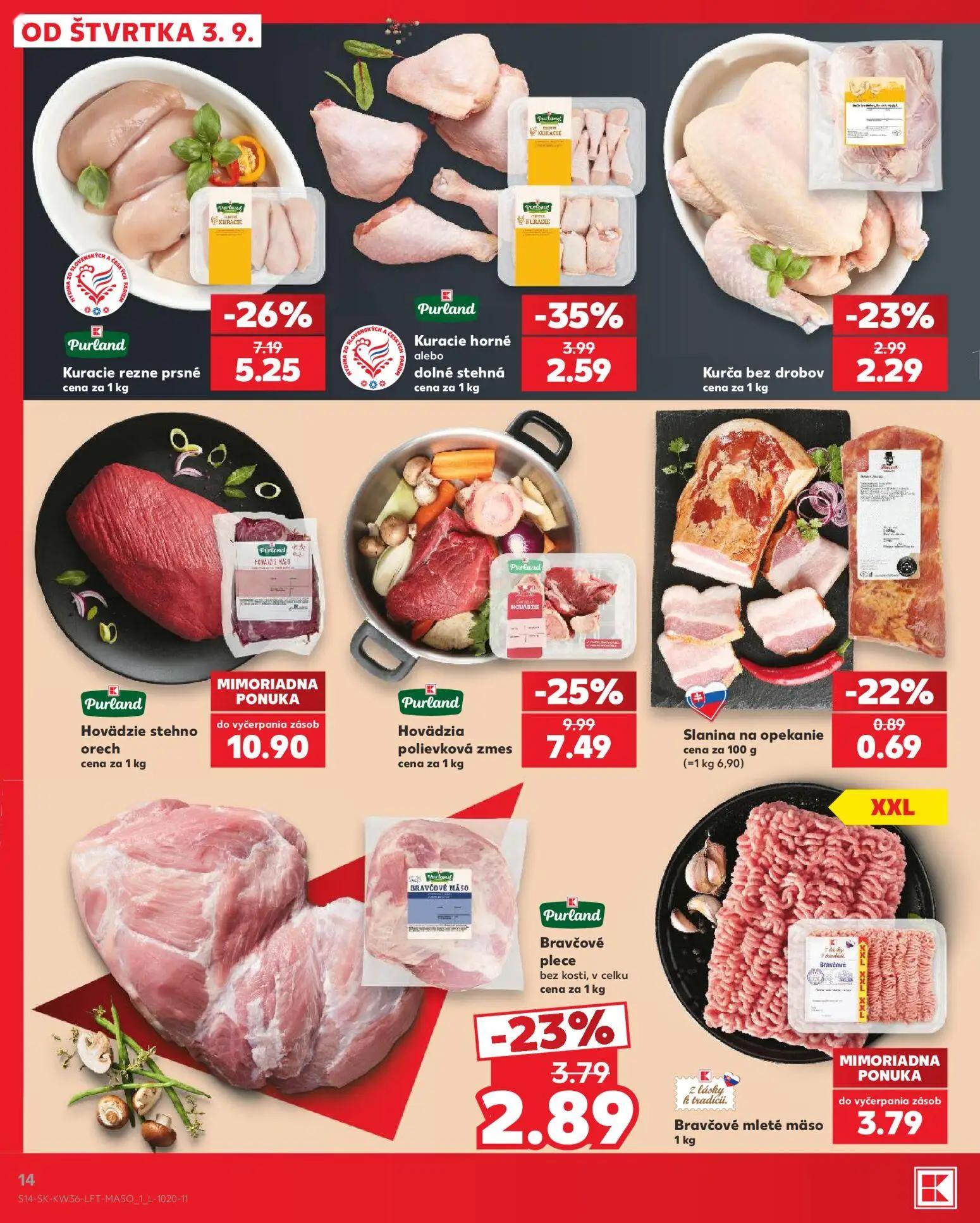 Kaufland leták, strana 14 z 80 — Hovädzia polievková zmes, Kuracie rezne prsné, Kuracie horné alebo dolné stehná