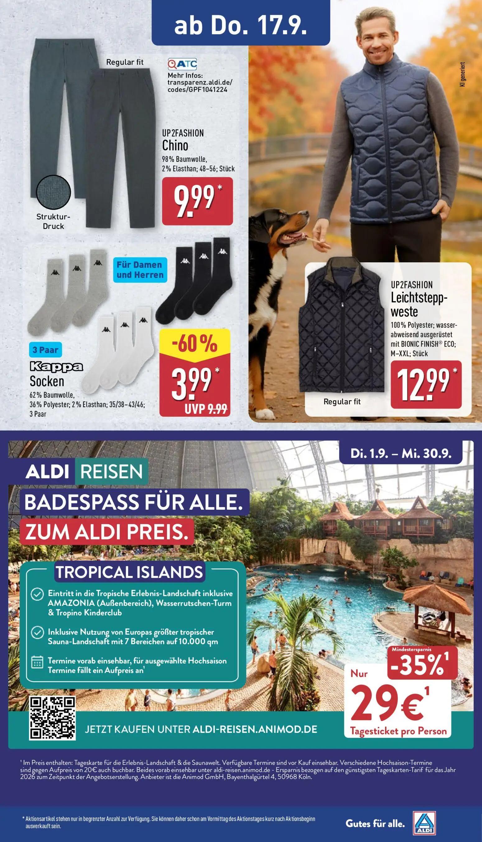 Aldi Nord Prospekt, Seite 17 von 17 — BADESPASS FÜR ALLE. ZUM ALDI PREIS. TROPICAL ISLANDS Tagesticket pro Person, Kappa Soc…