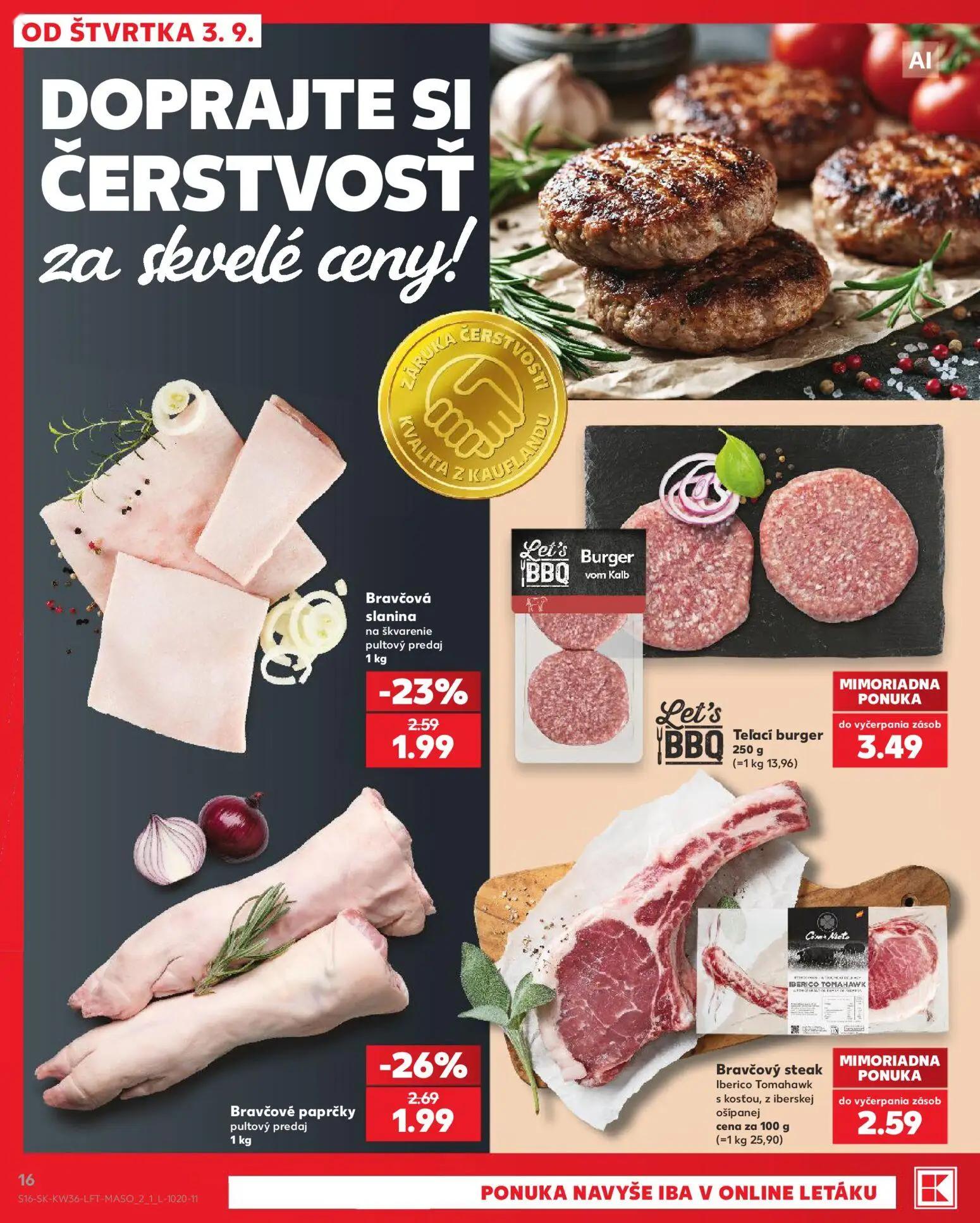 Kaufland leták, strana 16 z 80 — Bravčové paprčky pultový predaj, Bravčová slanina na škvarenie pultový predaj, Let's BBQ Te…