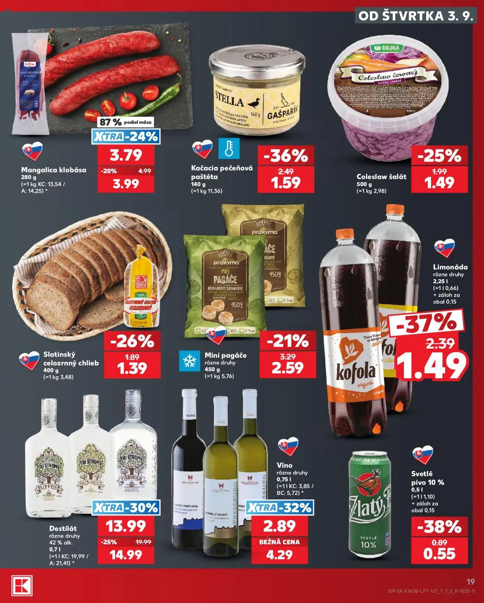 Kaufland leták, strana 19 z 80 — Destilát rôzne druhy, Víno rôzne druhy, Mangalica klobása