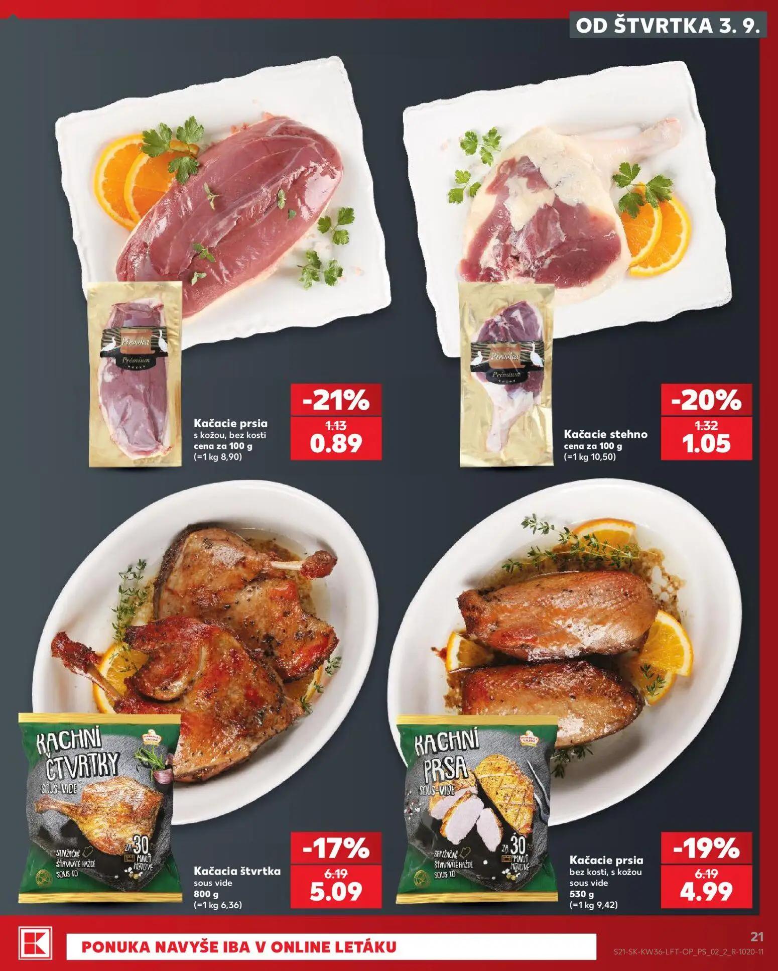 Kaufland leták, strana 21 z 80 — Kačacie prsia bez kosti, s kožou sous vide, Kačacia štvrtka sous vide, Kačacie stehno