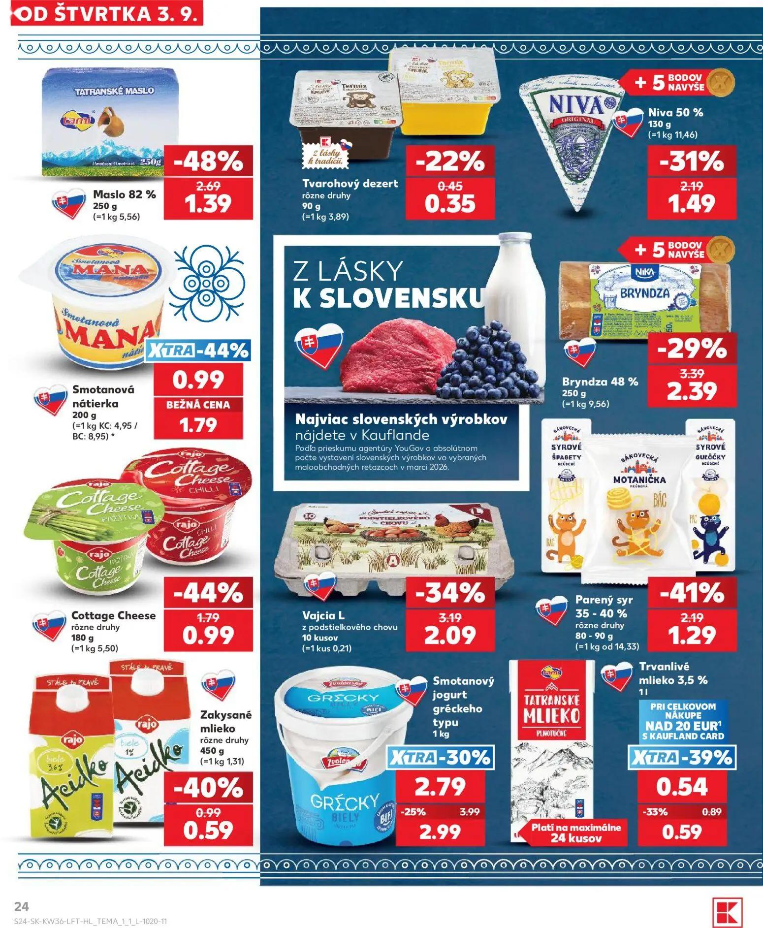 Kaufland leták, strana 24 z 80 — Maslo 82%, Smotanový jogurt gréckeho typu, Vajcia L z podstielkového chovu
