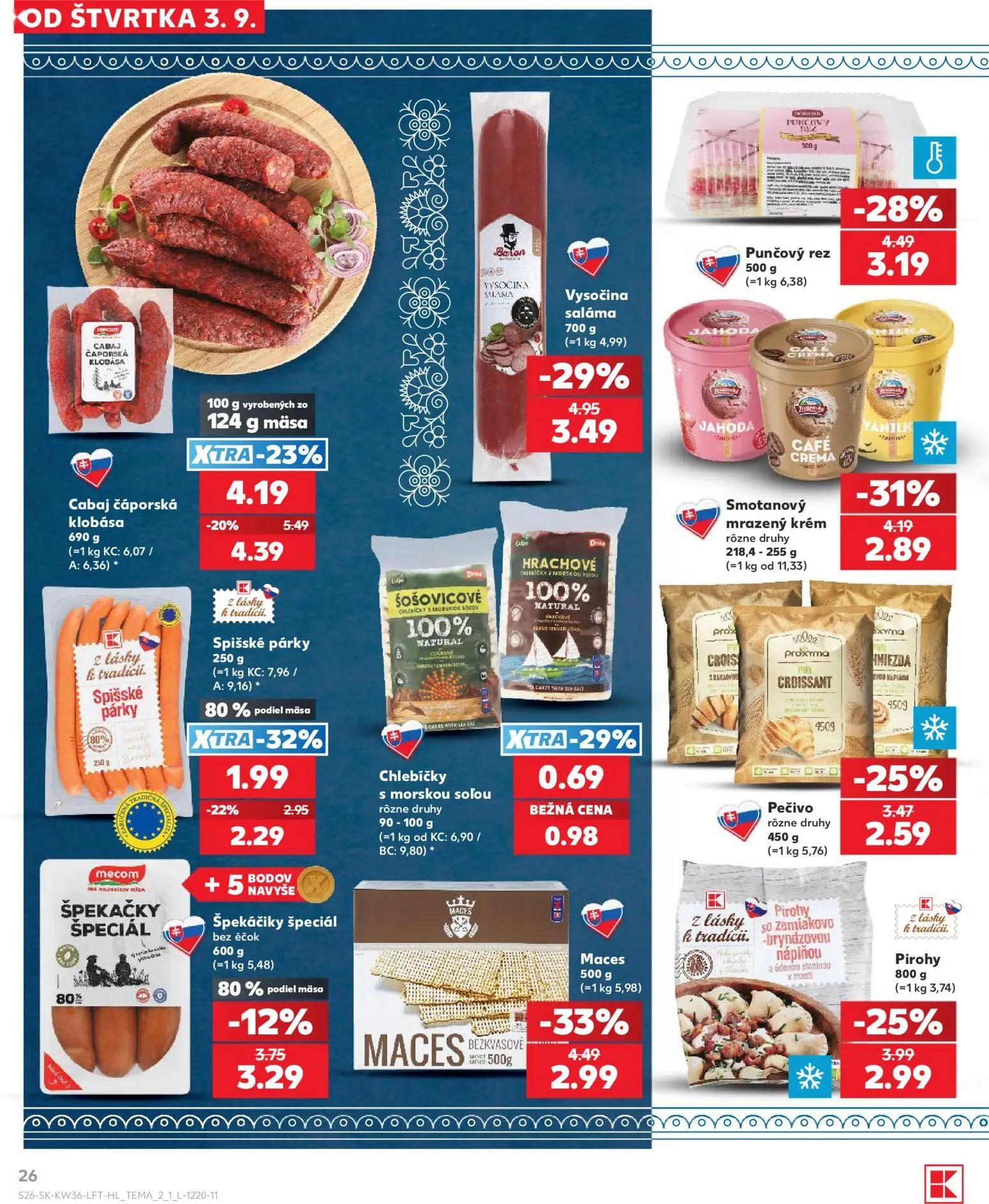 Kaufland leták, strana 26 z 80 — Vysočina saláma, Cabaj čáporská klobása, Punčový rez