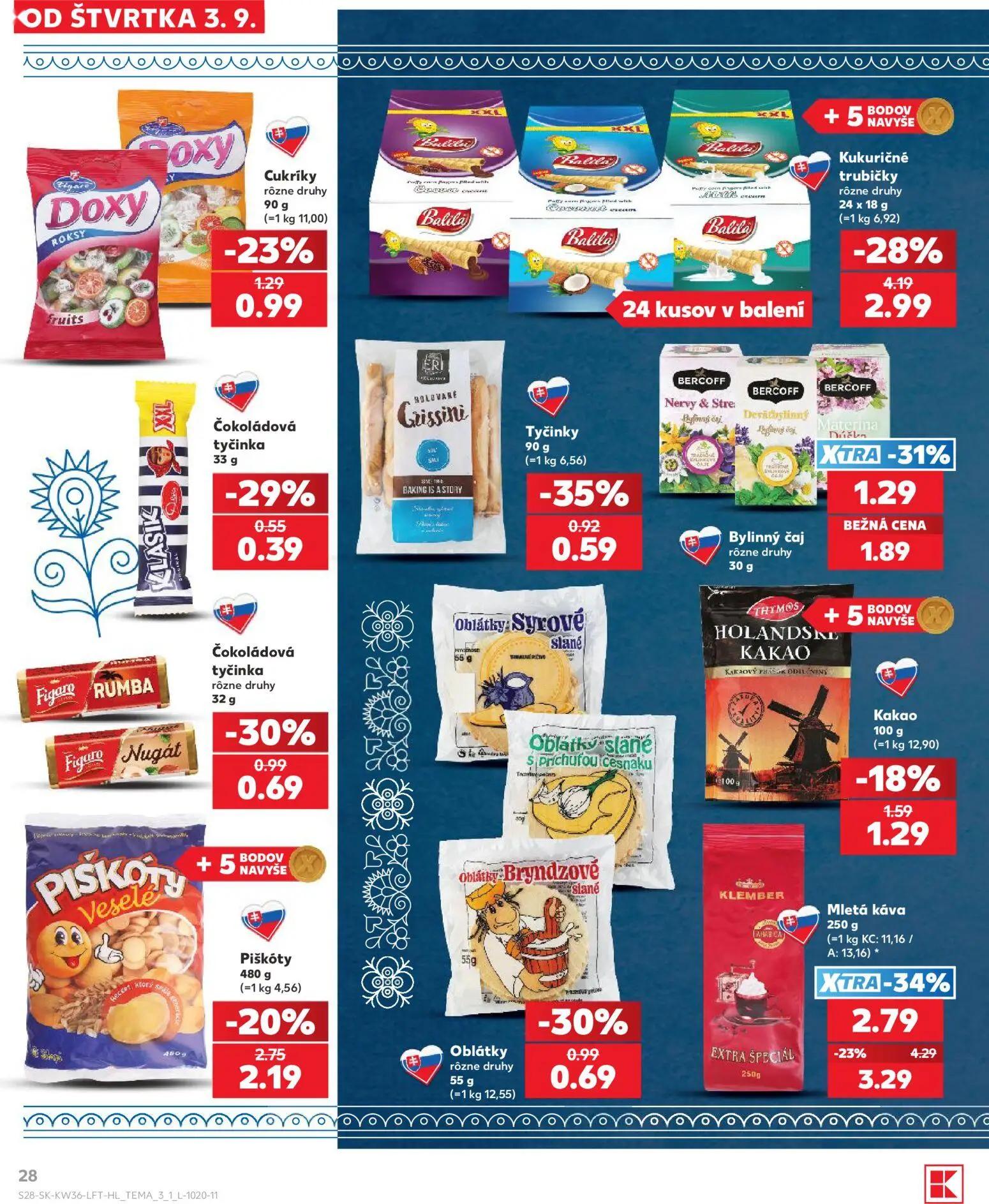 Kaufland leták, strana 28 z 80 — Mletá káva, Kukuričné trubičky rôzne druhy, Piškóty
