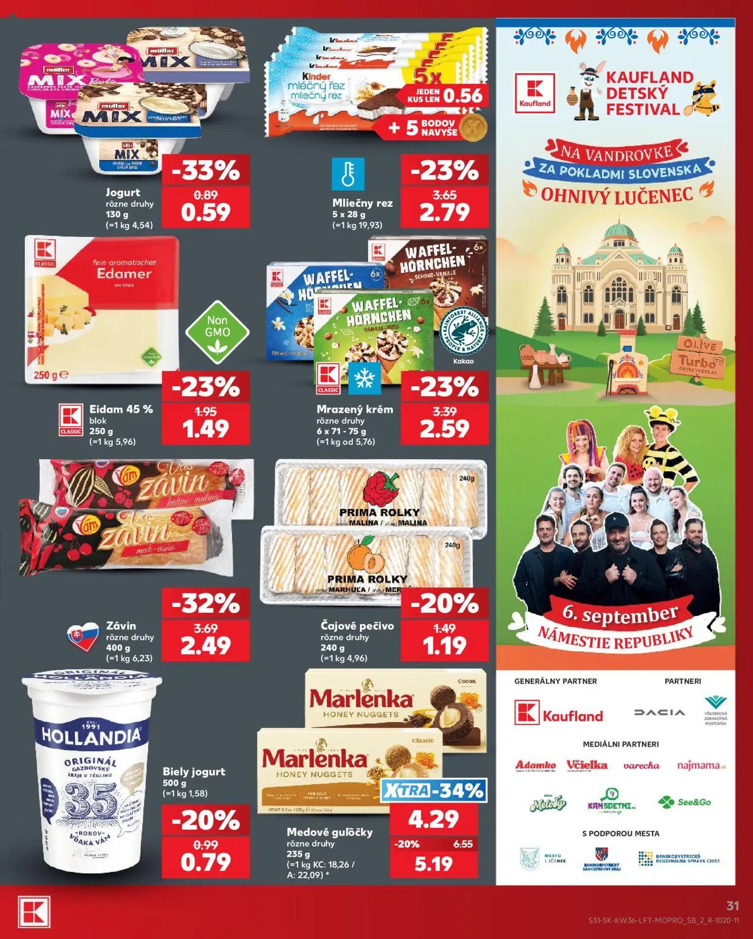 Kaufland leták, strana 31 z 80 — Medové guľôčky rôzne druhy, Závin rôzne druhy, Mliečny rez