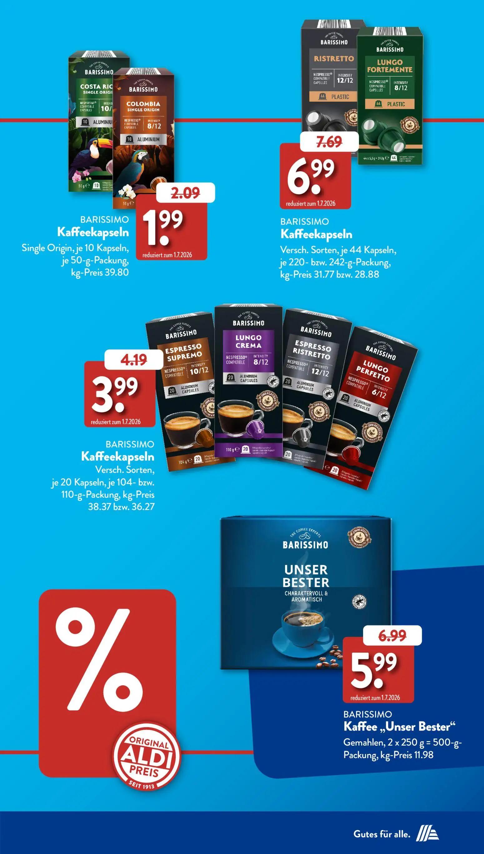 Aldi Süd Prospekt, Seite 23 von 58 — BARISSIMO Kaffee „Unser Bester“ Gemahlen, BARISSIMO Kaffeekapseln Versch. Sorten, BARIS…