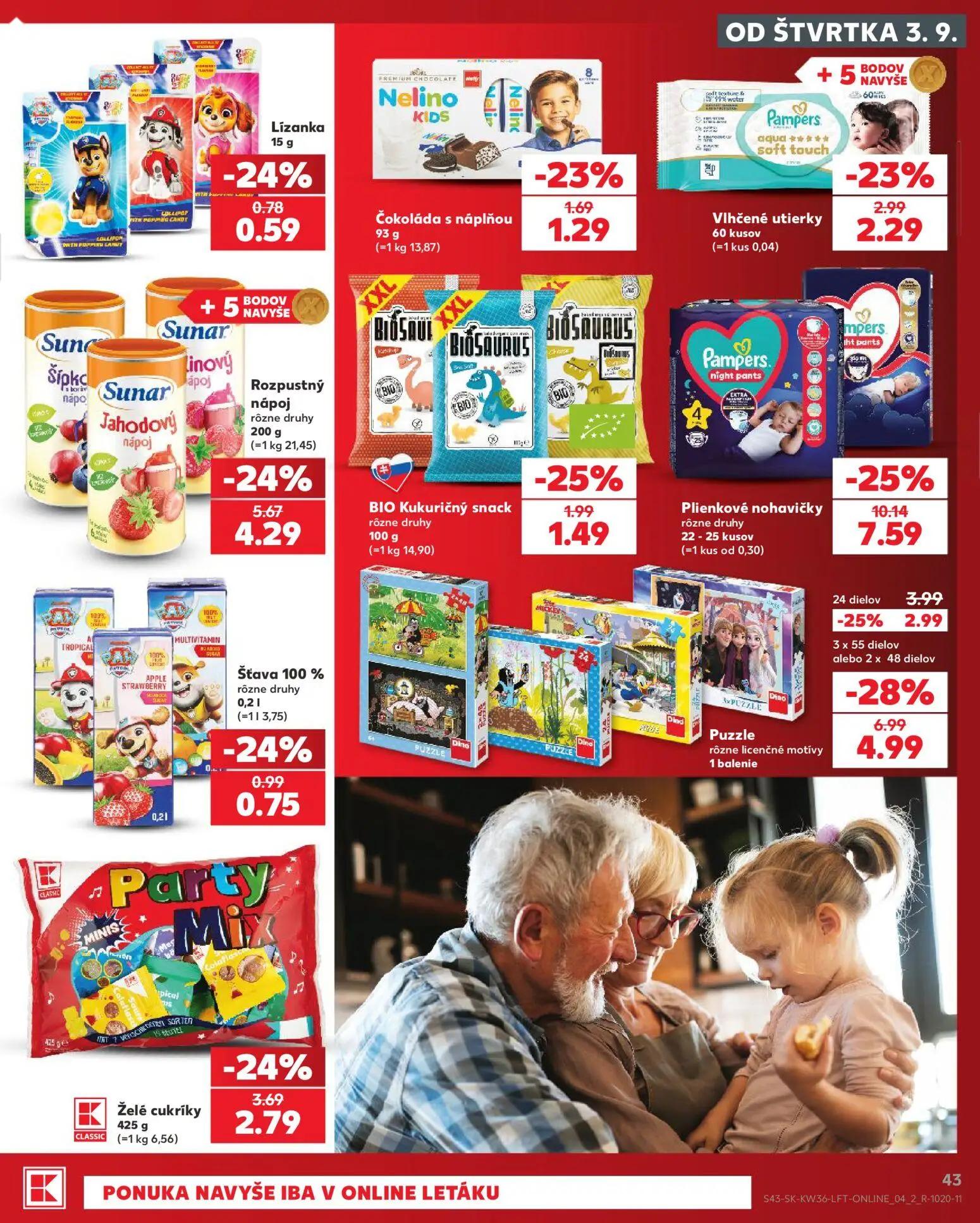 Kaufland leták, strana 43 z 80 — Želé cukríky, Vlhčené utierky, BIO Kukuričný snack