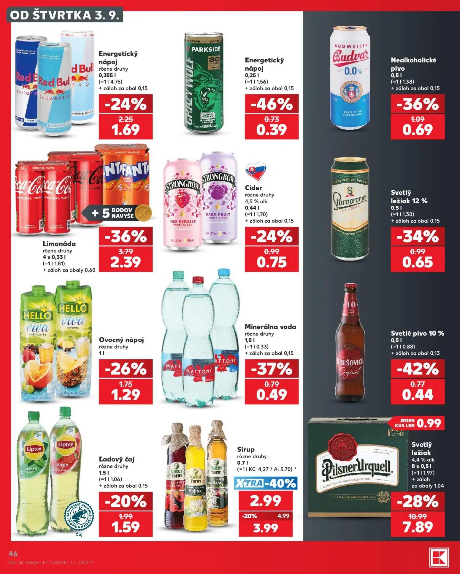 Kaufland leták, strana 46 z 80 — Svetlý ležiak 4,4% alk., Sirup rôzne druhy, Limonáda rôzne druhy