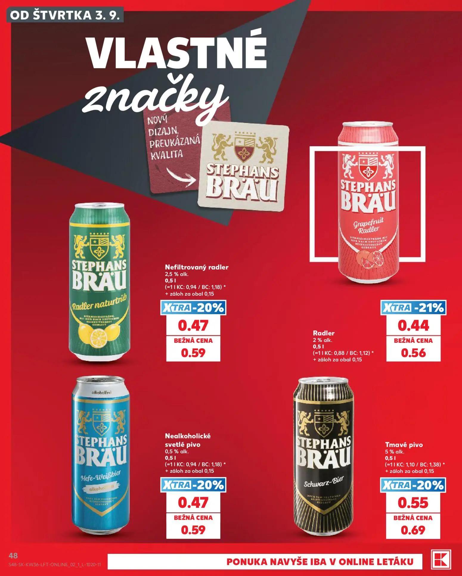 Kaufland leták, strana 48 z 80 — Tmavé pivo, Nefiltrovaný radler, Radler Grapefruit