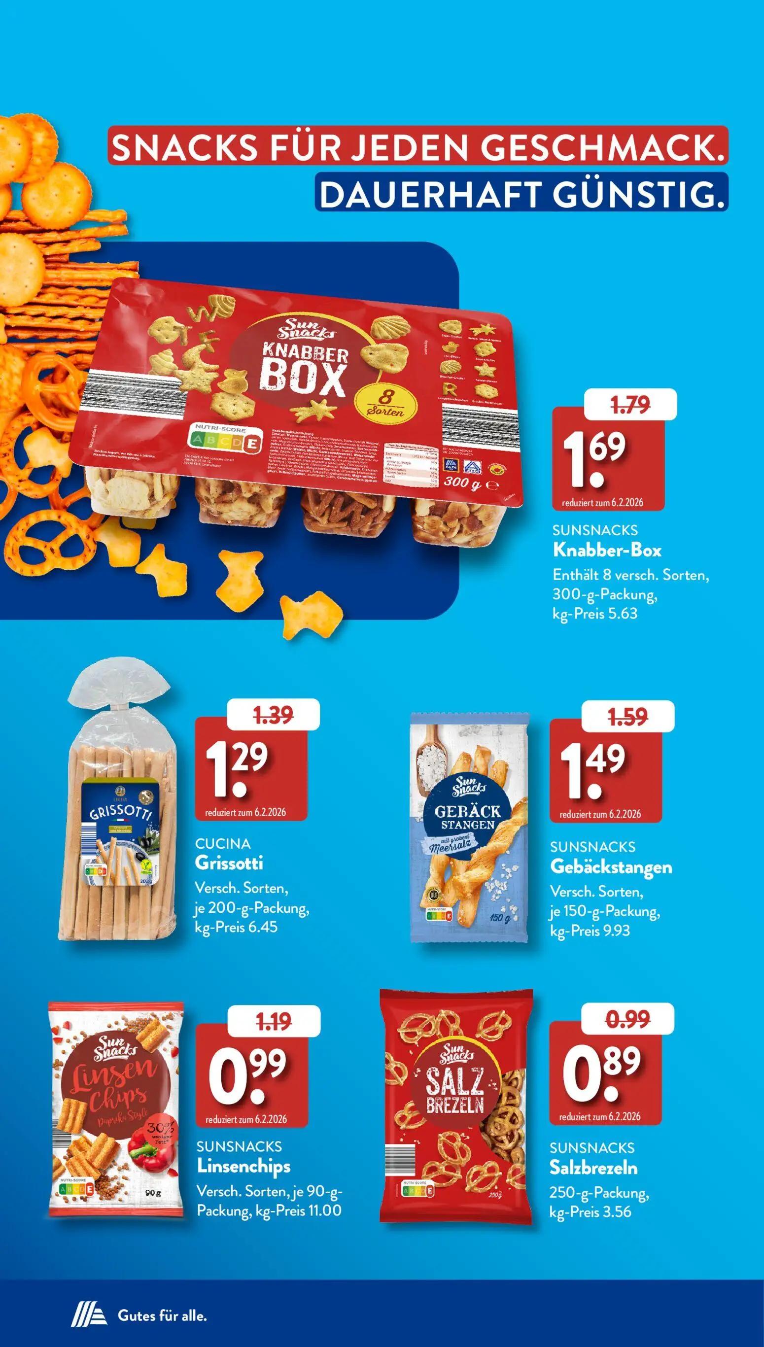 Aldi Süd Prospekt, Seite 36 von 58 — SUNSNACKS Linsenchips, SUNSNACKS Knabber-Box, CUCINA Grissotti