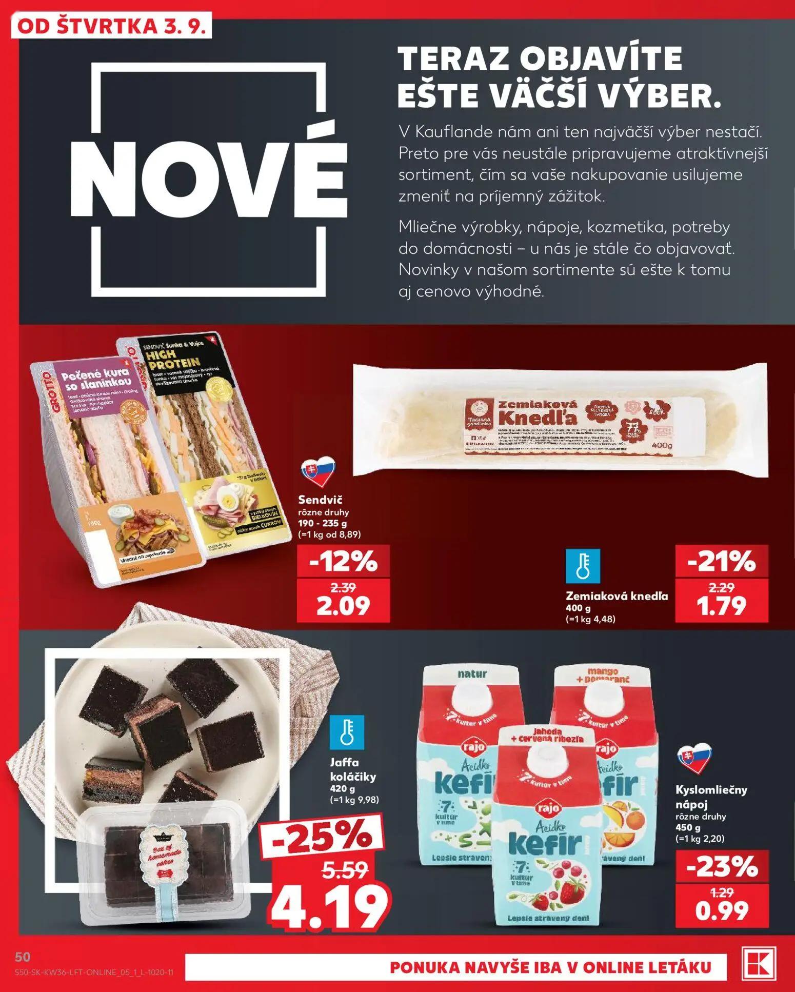 Kaufland leták, strana 50 z 80 — Jaffa koláčiky, Kyslomliečny nápoj rôzne druhy