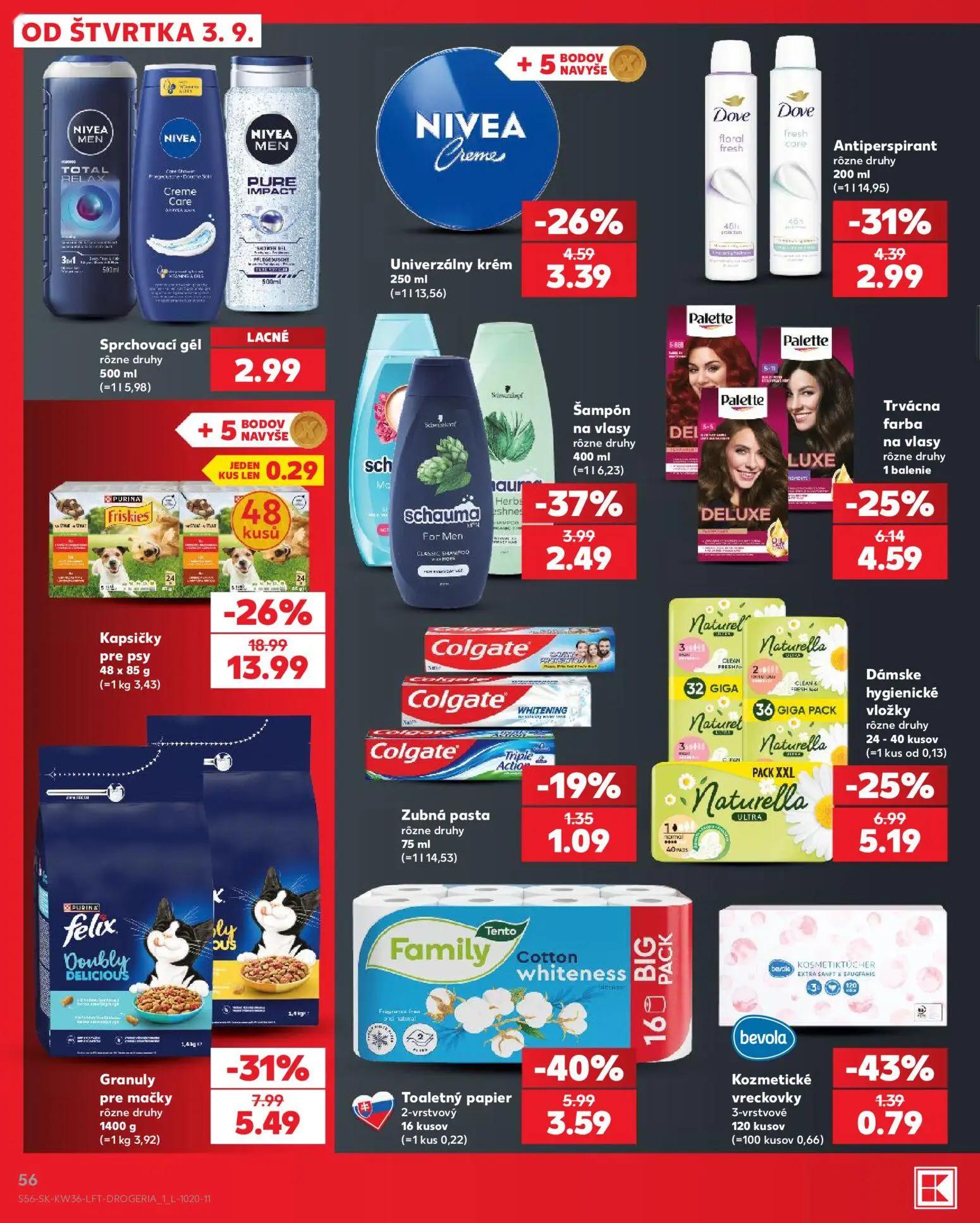 Kaufland leták, strana 56 z 80 — Toaletný papier 2-vrstvový Family Cotton Whiteness, Dámske hygienické vložky rôzne druhy Na…