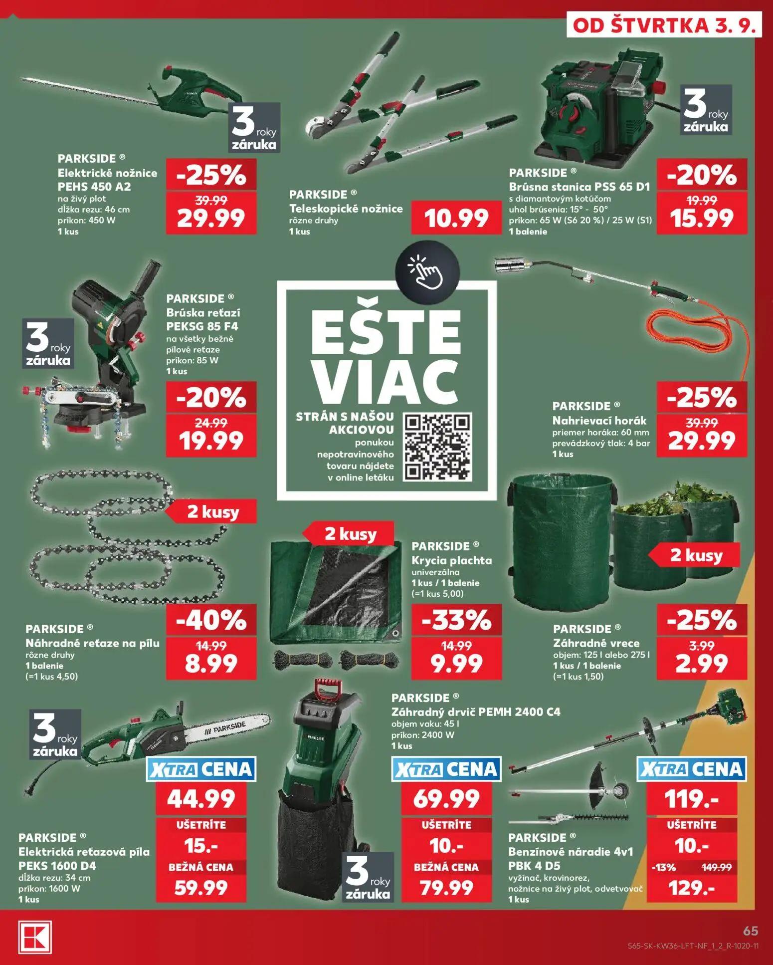Kaufland leták, strana 65 z 80 — Benzínové náradie 4v1 PBK 4 D5, Elektrická reťazová píla PEKS 1600 D4, Elektrické nožnice P…