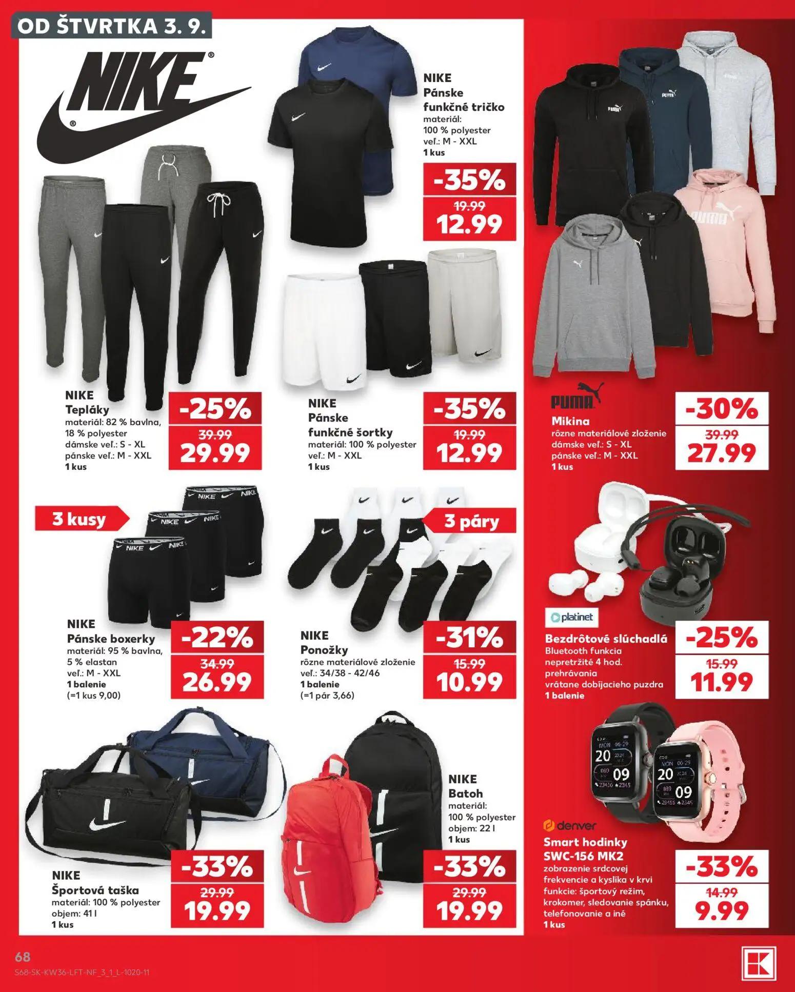 Kaufland leták, strana 68 z 80 — NIKE Tepláky, NIKE Športová taška, NIKE Batoh